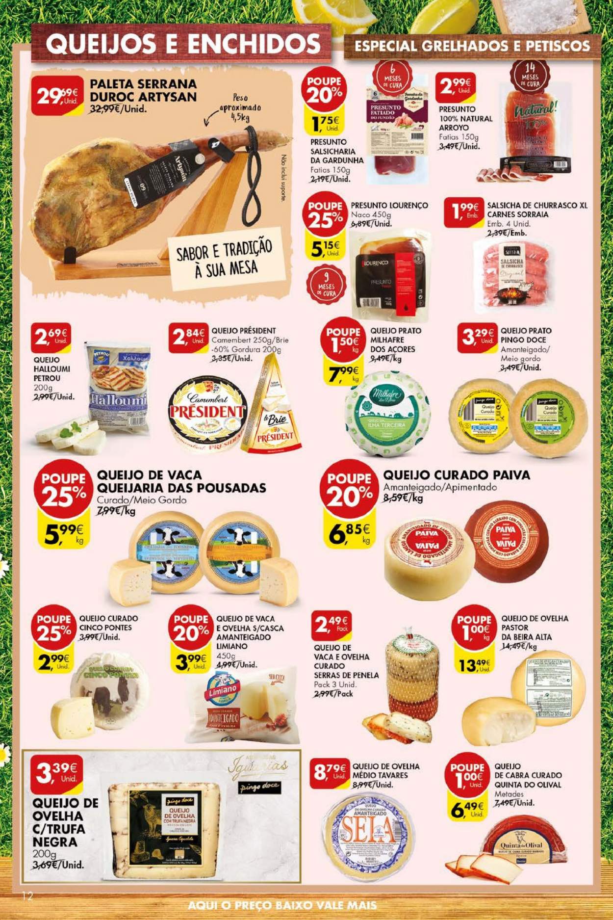 thumbnail - Folheto Pingo Doce - 4.5.2021 - 10.5.2021 - Produtos em promoção - presunto, salsicha, queijo, halloumi, queijo prato, queijo brie, camembert, gin, prato, mesa. Página 12.