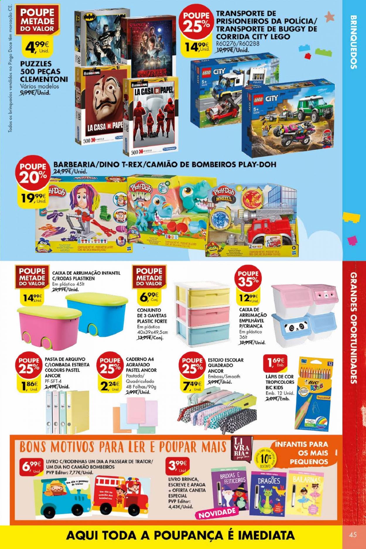 thumbnail - Folheto Pingo Doce - 4.5.2021 - 10.5.2021 - Produtos em promoção - lápis, estojo, cesta, caixa organizadora, LEGO, pastas de arquivo, lápis de cor, livro, puzzle, Play-Doh, LEGO City. Página 45.