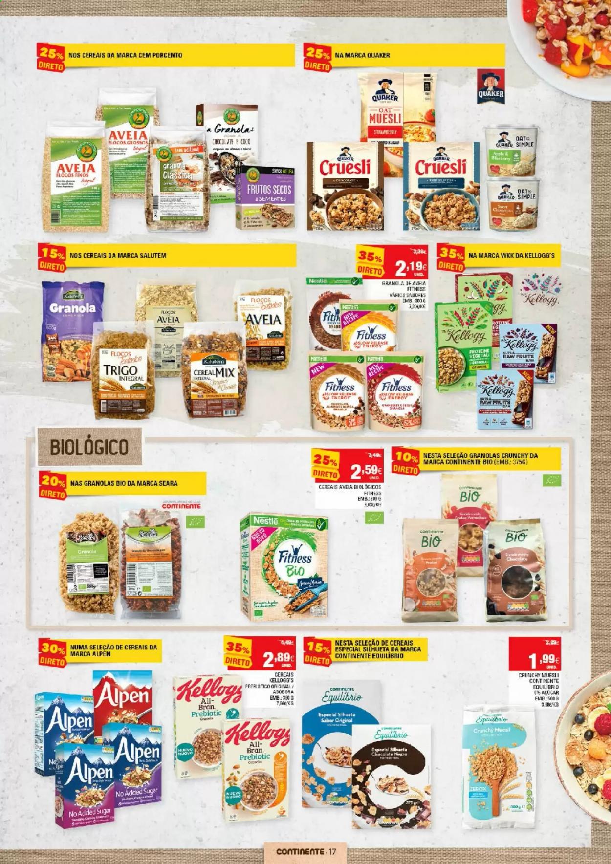 thumbnail - Folheto Continente - 4.5.2021 - 16.5.2021 - Produtos em promoção - Nestlé, flocos, granola, Kellogg's, mistura de frutos secos, Apple. Página 17.