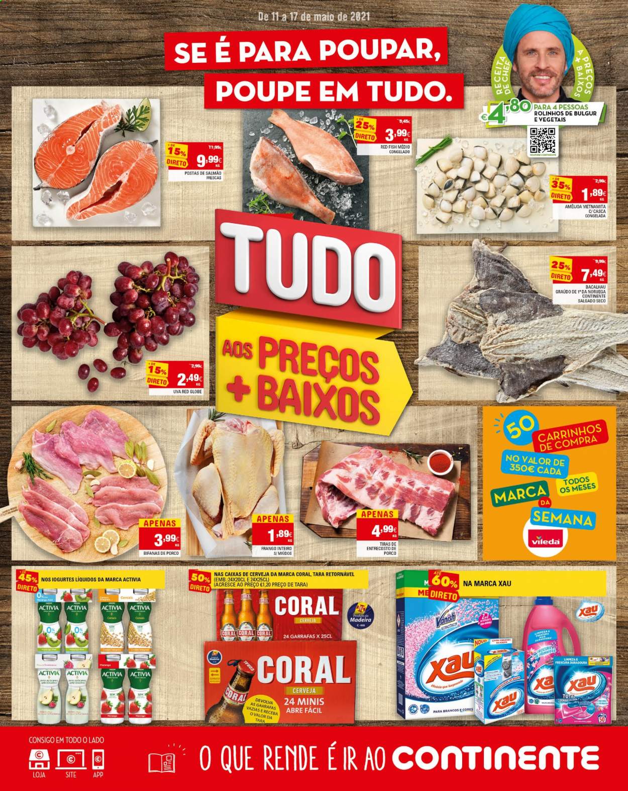 thumbnail - Folheto Continente Modelo - 11.5.2021 - 17.5.2021 - Produtos em promoção - uva, frango, salmão, bacalhau, Activia, Vileda. Página 1.