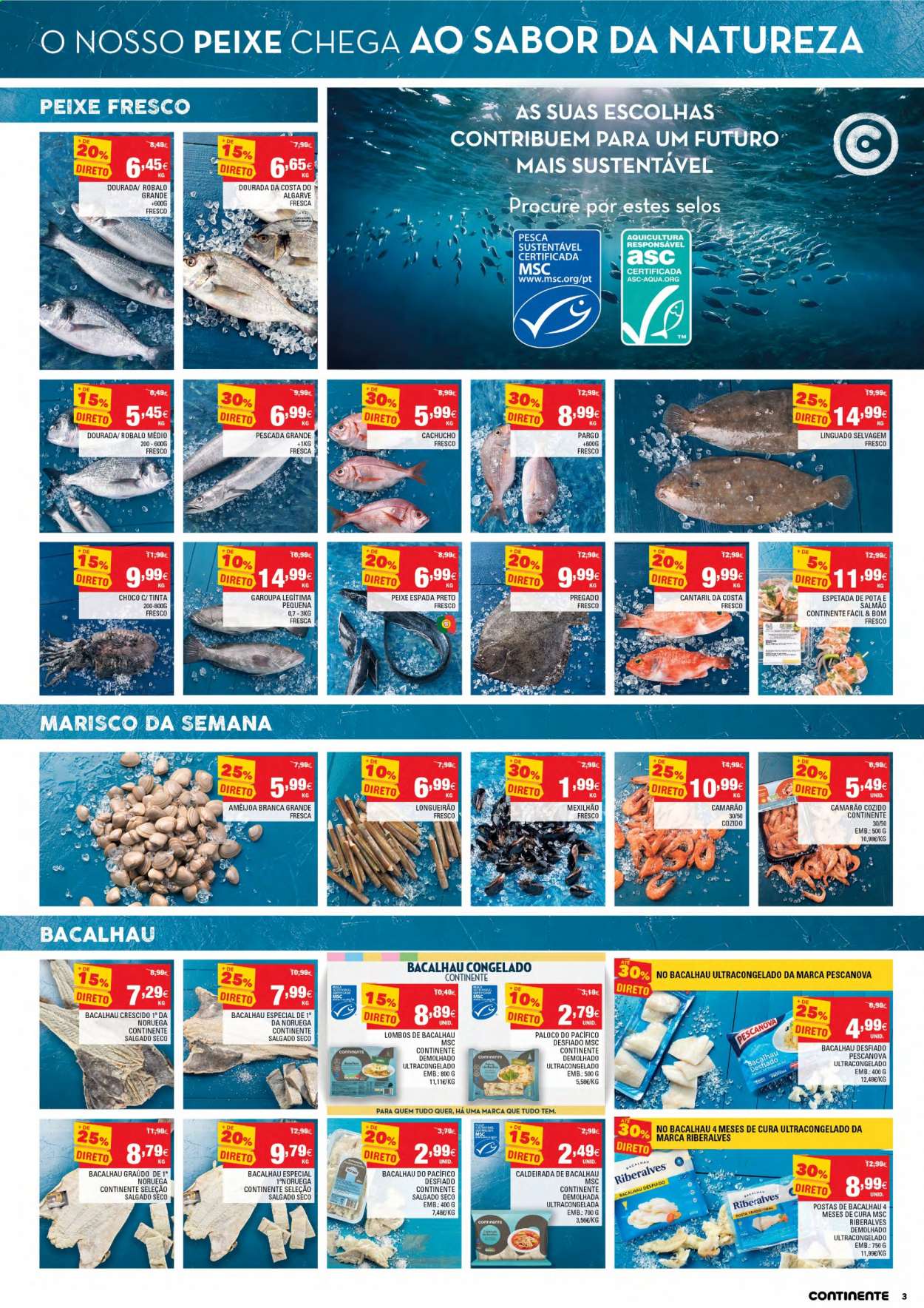 thumbnail - Folheto Continente - 11.5.2021 - 17.5.2021 - Produtos em promoção - salmão, garoupa, camarão, bacalhau, linguado, peixe espada, peixe, marisco, sal. Página 3.