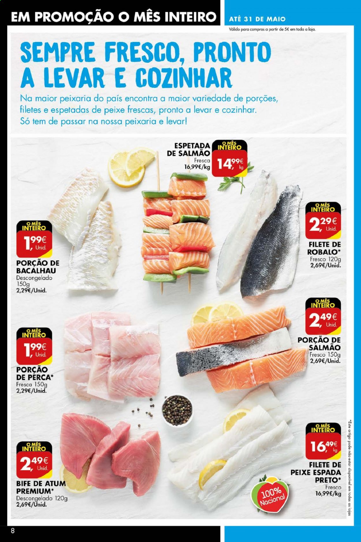 thumbnail - Folheto Pingo Doce - 11.5.2021 - 17.5.2021 - Produtos em promoção - bife, salmão, bacalhau, atum, peixe espada. Página 8.