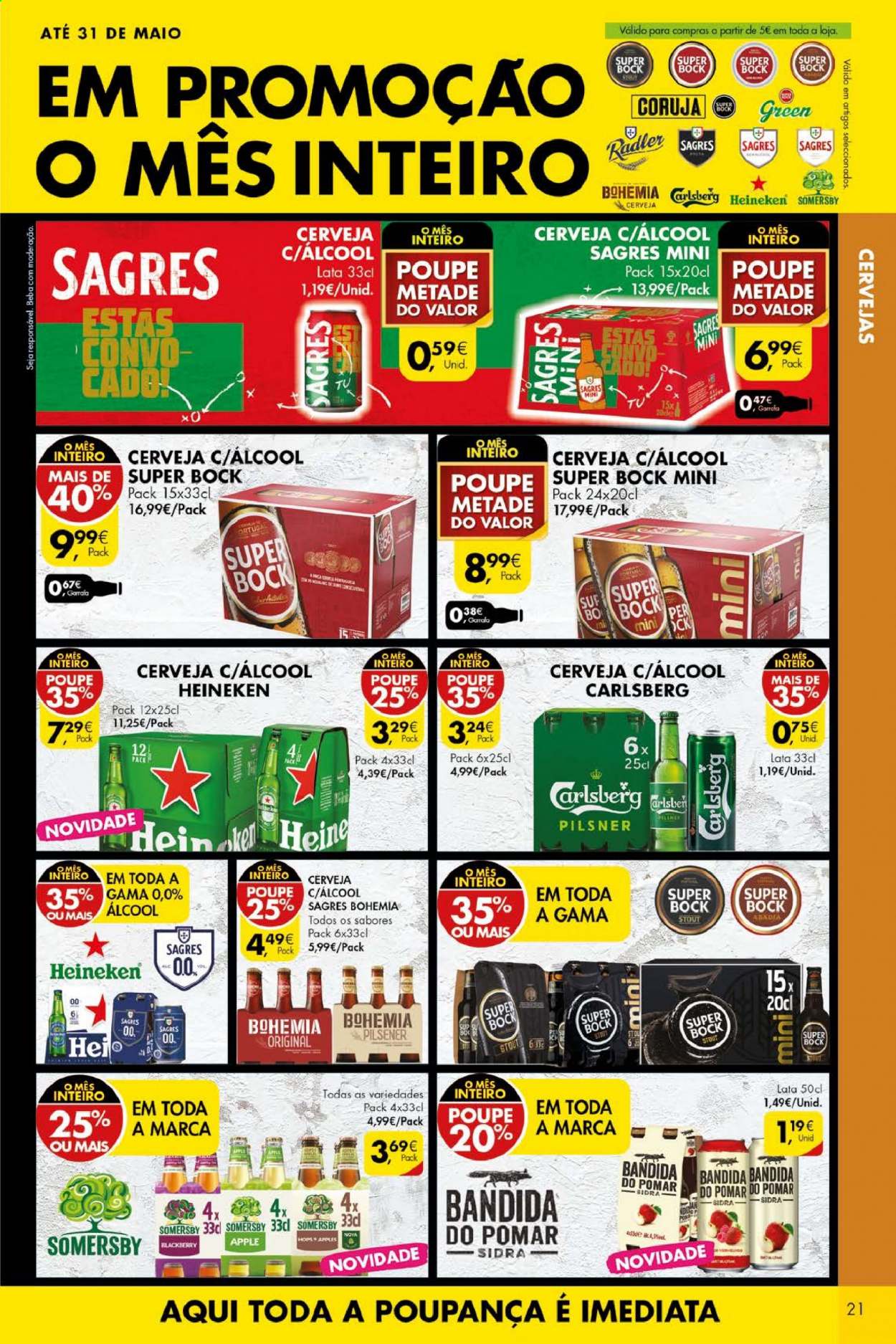 thumbnail - Folheto Pingo Doce - 11.5.2021 - 17.5.2021 - Produtos em promoção - Heineken, Sagres, Super Bock, cerveja, Somersby, Carlsberg, Radler, sidra. Página 21.