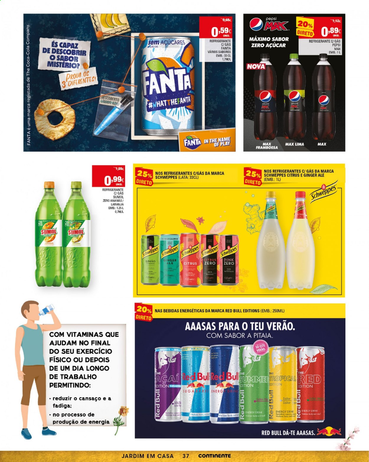 thumbnail - Folheto Continente - 18.5.2021 - 20.6.2021 - Produtos em promoção - ginger ale, açai, Coca Cola, Fanta, Pepsi, Red Bull, refrigerante, Schweppes, bebida energética, Sumol. Página 37.