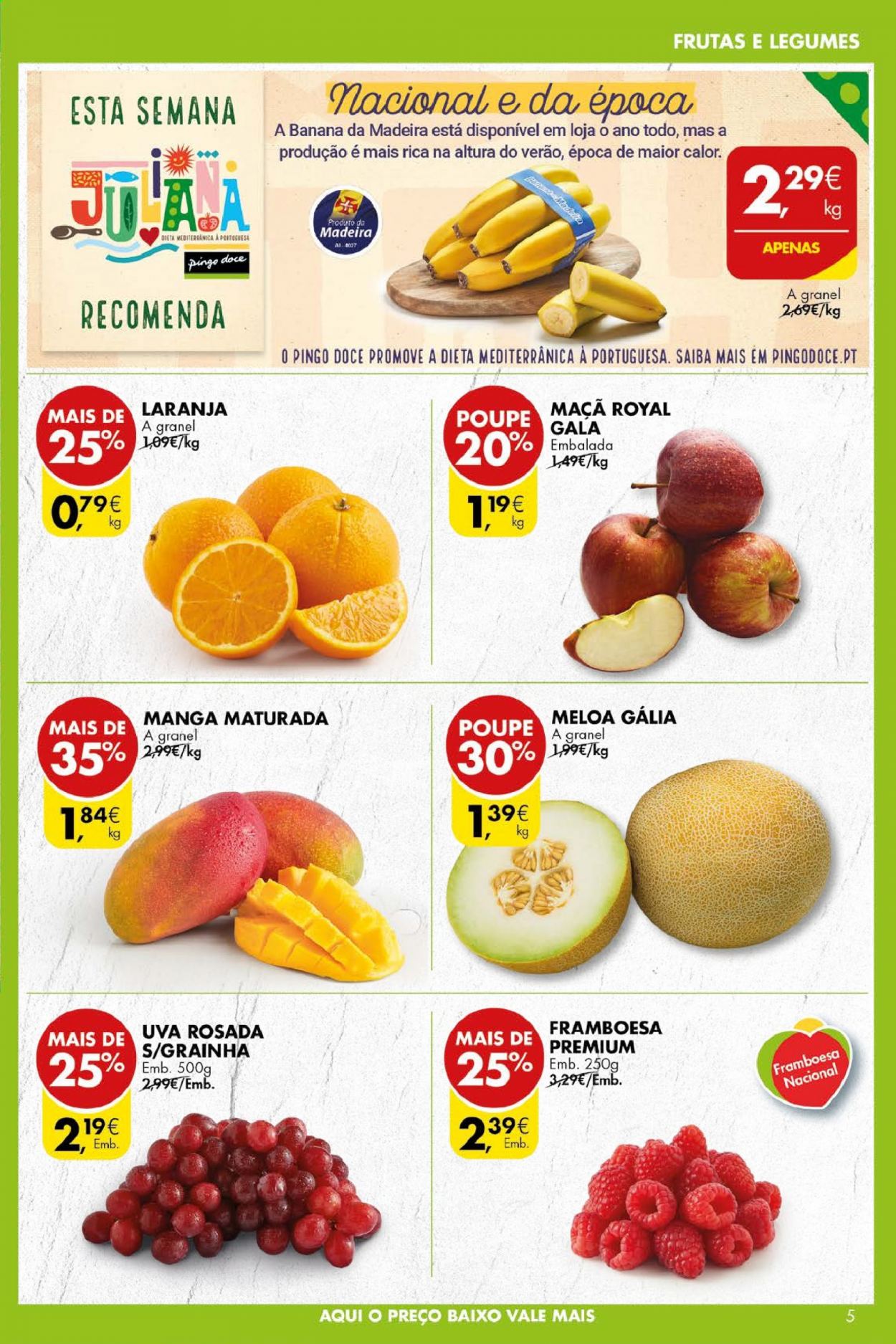 thumbnail - Folheto Pingo Doce - 18.5.2021 - 24.5.2021 - Produtos em promoção - banana, maçã, laranja, melão, framboesa, manga, sal. Página 5.