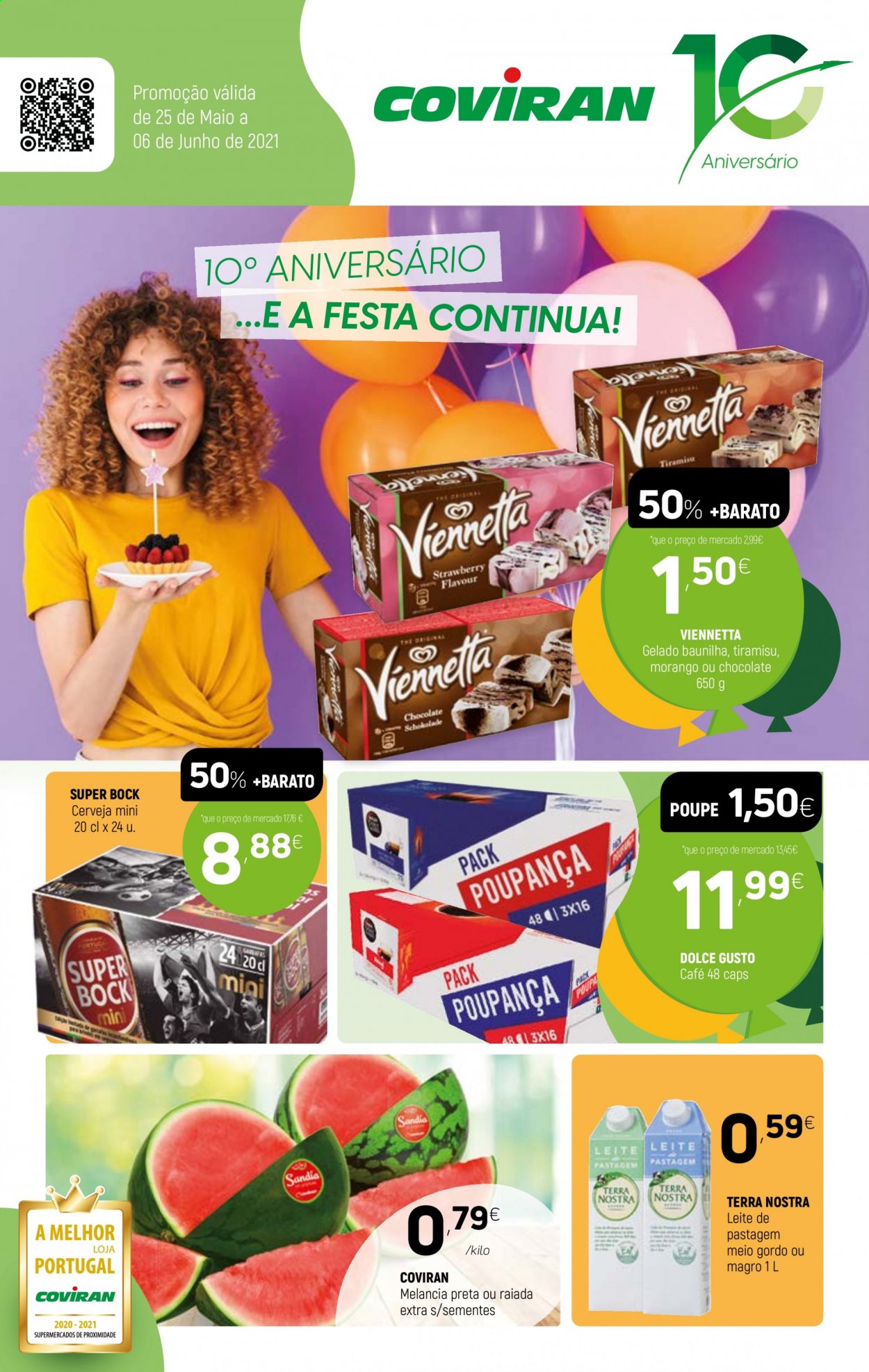 thumbnail - Folheto Coviran - 25.5.2021 - 6.6.2021 - Produtos em promoção - Super Bock, melancia, Viennetta, chocolate, café, Dolce Gusto. Página 1.