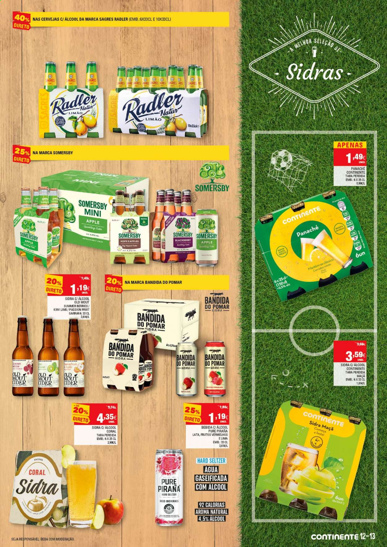 thumbnail - Folheto Continente - 1.6.2021 - 20.6.2021 - Produtos em promoção - Sagres, maçã, kiwi, limão, cider, sidra, garrafa. Página 13.