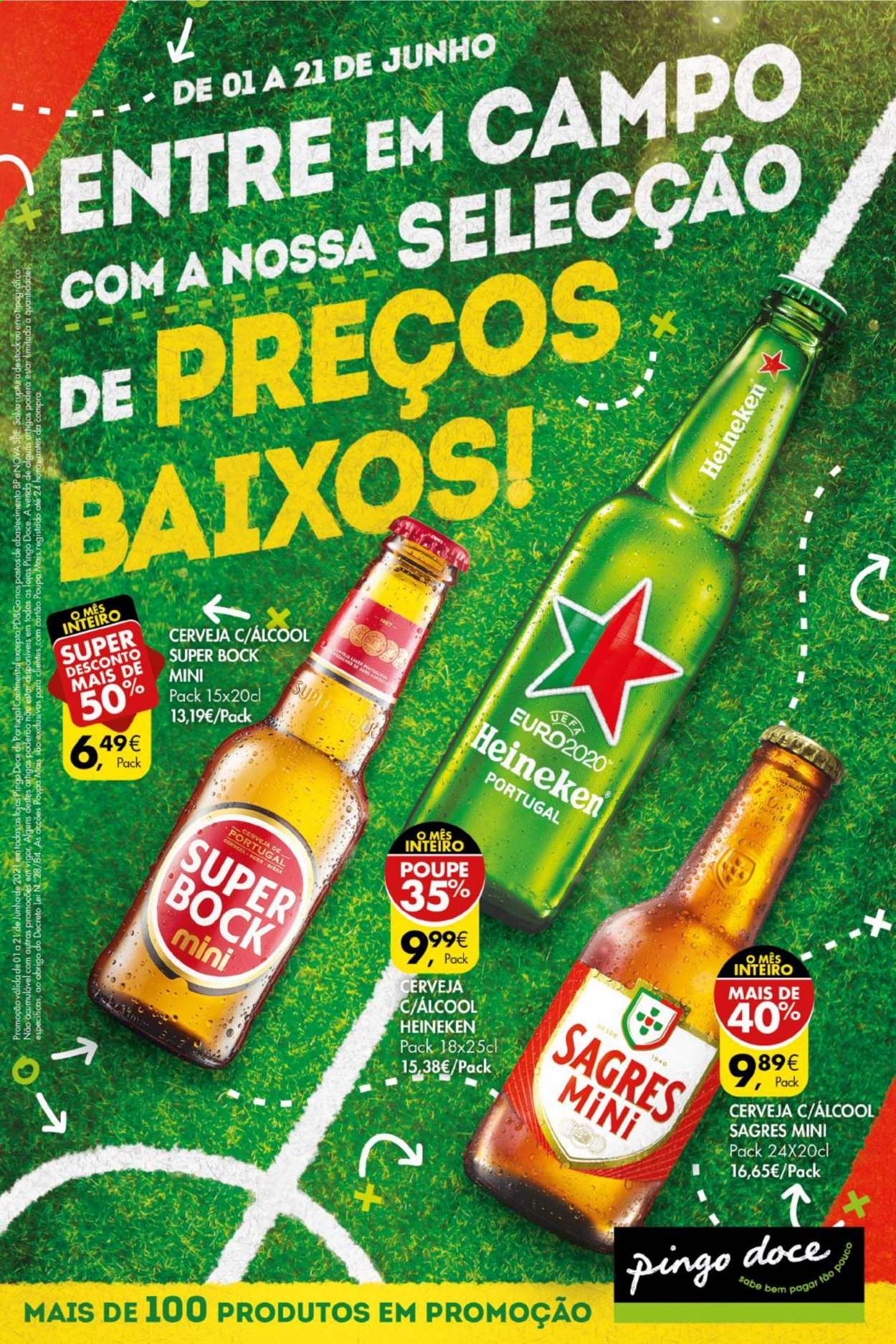 thumbnail - Folheto Pingo Doce - 1.6.2021 - 21.6.2021 - Produtos em promoção - Heineken, Sagres, Super Bock. Página 1.