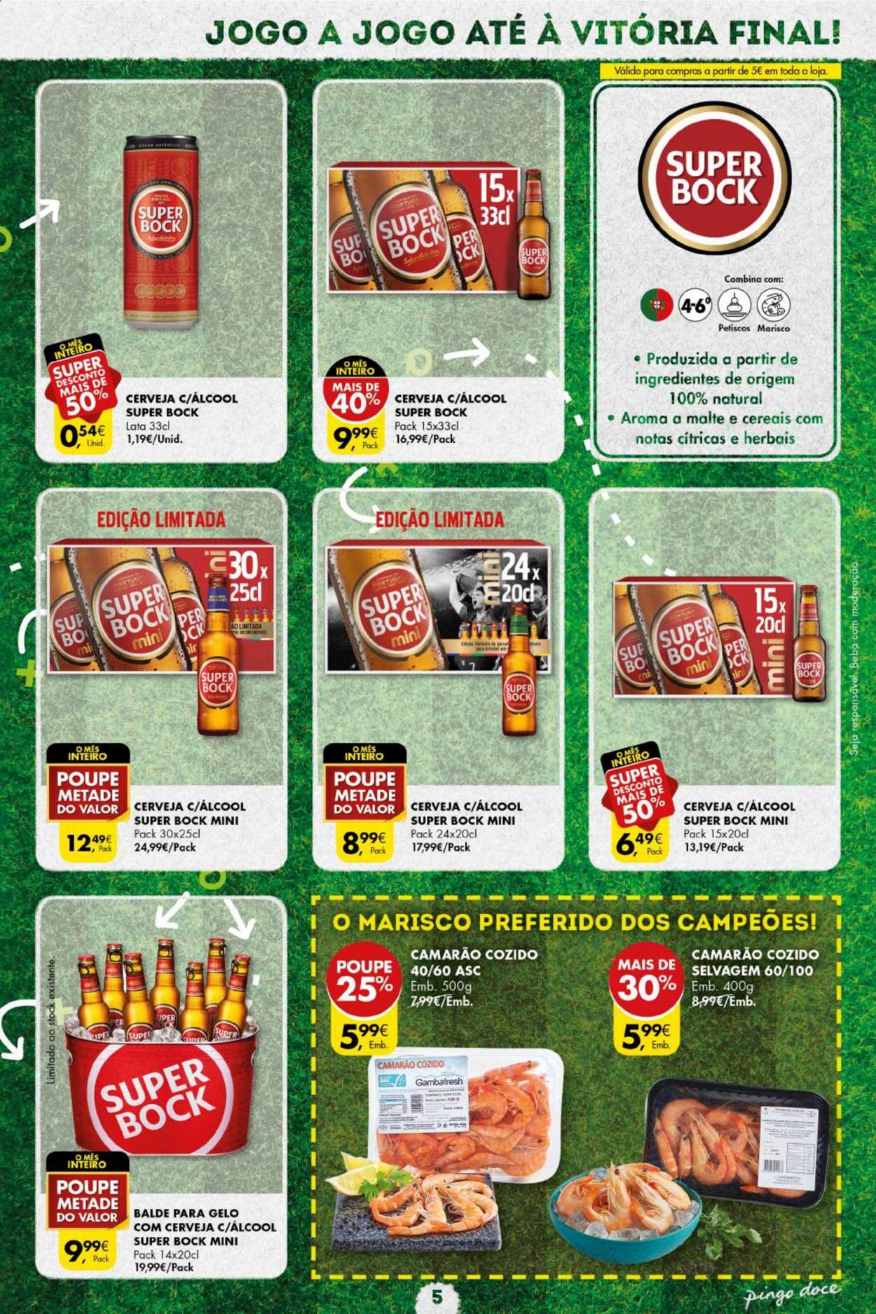 thumbnail - Folheto Pingo Doce - 1.6.2021 - 21.6.2021 - Produtos em promoção - Super Bock, cerveja, camarão, marisco. Página 5.
