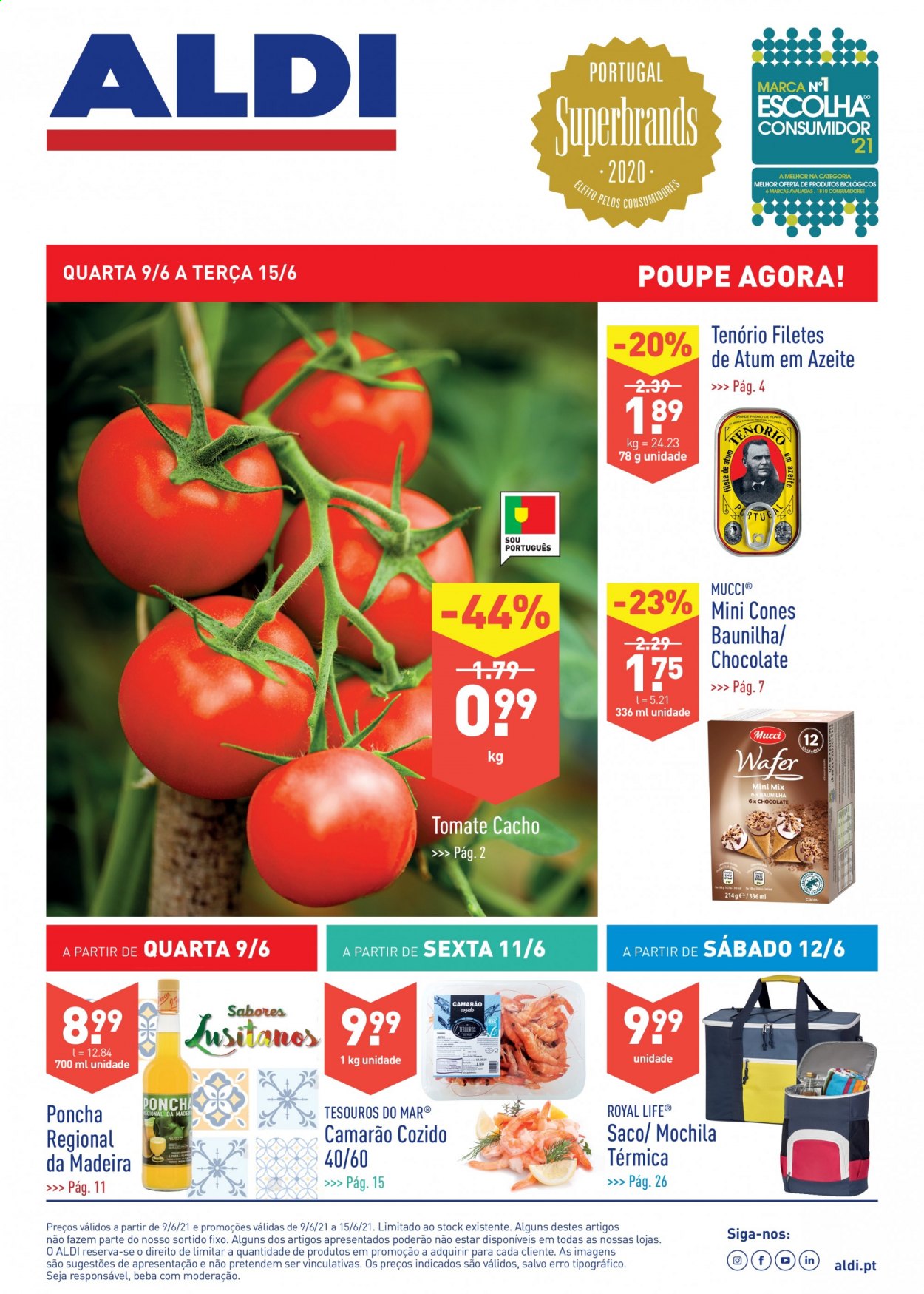 thumbnail - Folheto Aldi - 9.6.2021 - 15.6.2021 - Produtos em promoção - tomate, camarão, atum, chocolate, mochila. Página 1.