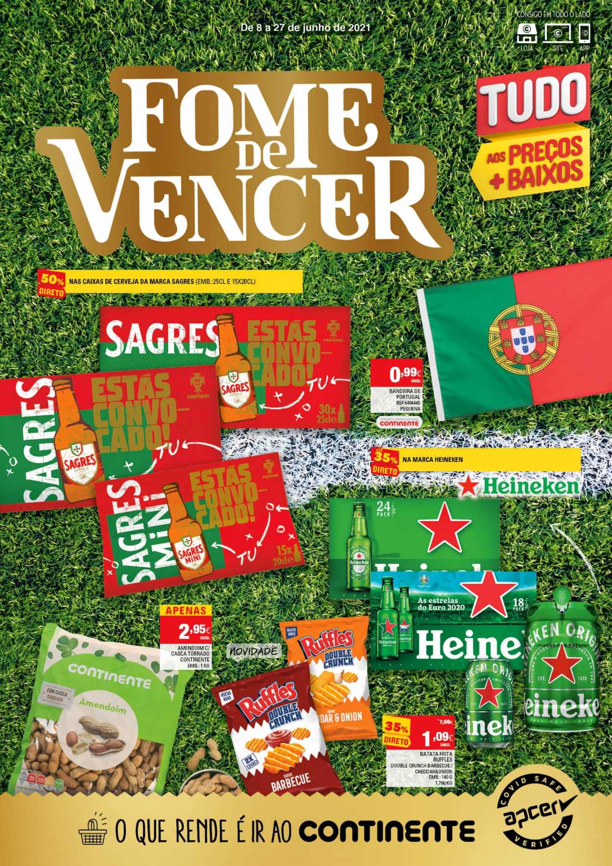 thumbnail - Folheto Continente - 8.6.2021 - 27.6.2021 - Produtos em promoção - Heineken, Sagres, cheddar, batata frita. Página 1.