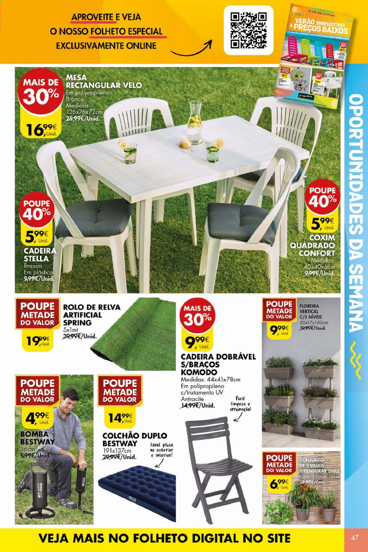 thumbnail - Folheto Pingo Doce - 8.6.2021 - 14.6.2021 - Produtos em promoção - coxim, cadeira, colchão, mesa, Bestway, floreira. Página 47.