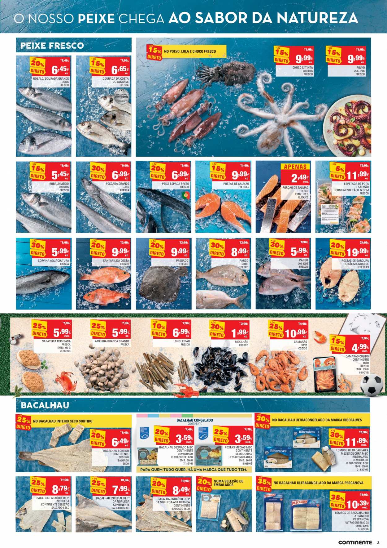 thumbnail - Folheto Continente - 8.6.2021 - 14.6.2021 - Produtos em promoção - salmão, garoupa, camarão, bacalhau, polvo, corvina, peixe espada, peixe, lula. Página 3.