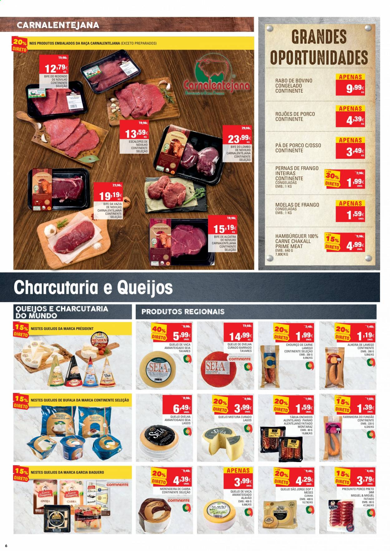 thumbnail - Folheto Continente - 8.6.2021 - 14.6.2021 - Produtos em promoção - bife, lombo, alcatra, rabo de bovino, hamburger, presunto, queijo. Página 6.