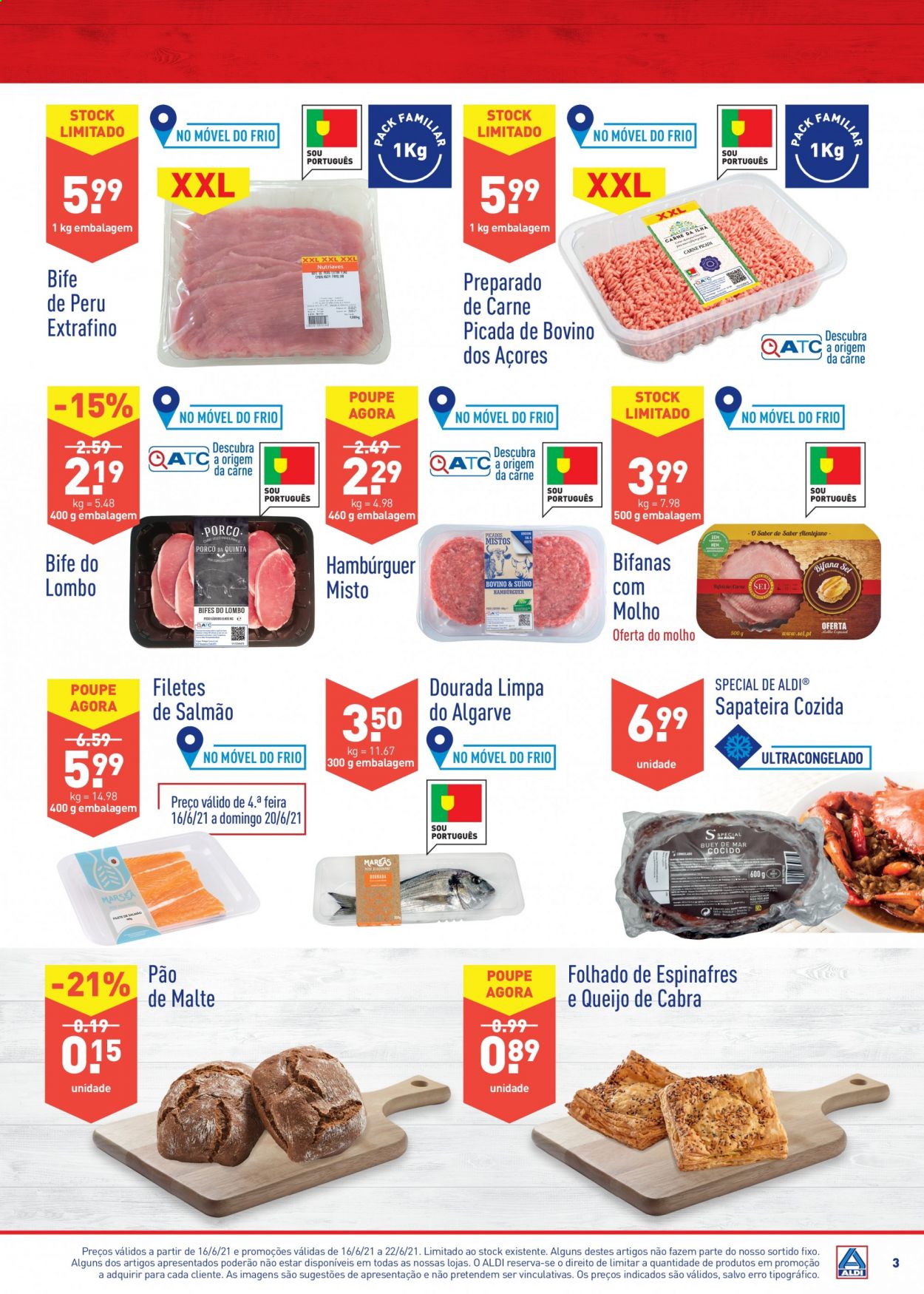 thumbnail - Folheto Aldi - 16.6.2021 - 22.6.2021 - Produtos em promoção - bife, lombo, pão, perú, hamburger, salmão. Página 3.