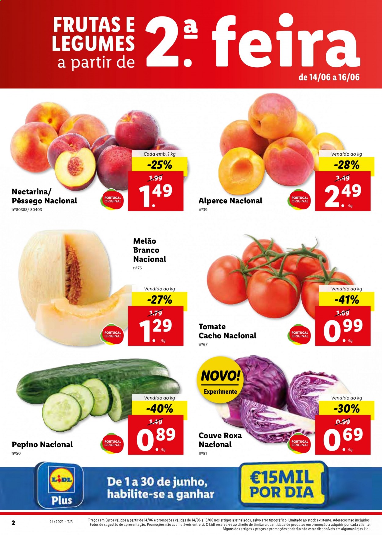 thumbnail - Folheto Lidl - 14.6.2021 - 20.6.2021 - Produtos em promoção - melão, pêssego, tomate, couve, pepino, legumes. Página 2.