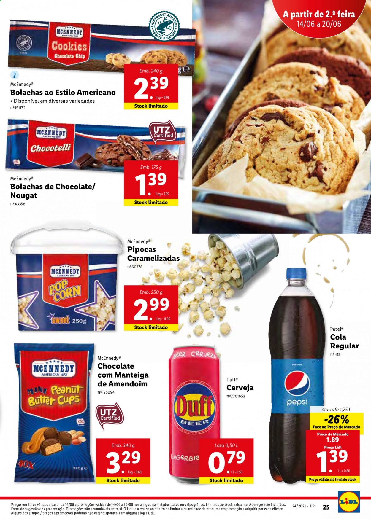 thumbnail - Folheto Lidl - 14.6.2021 - 20.6.2021 - Produtos em promoção - bolachas, manteiga de amendoim, Pepsi, garrafa. Página 25.