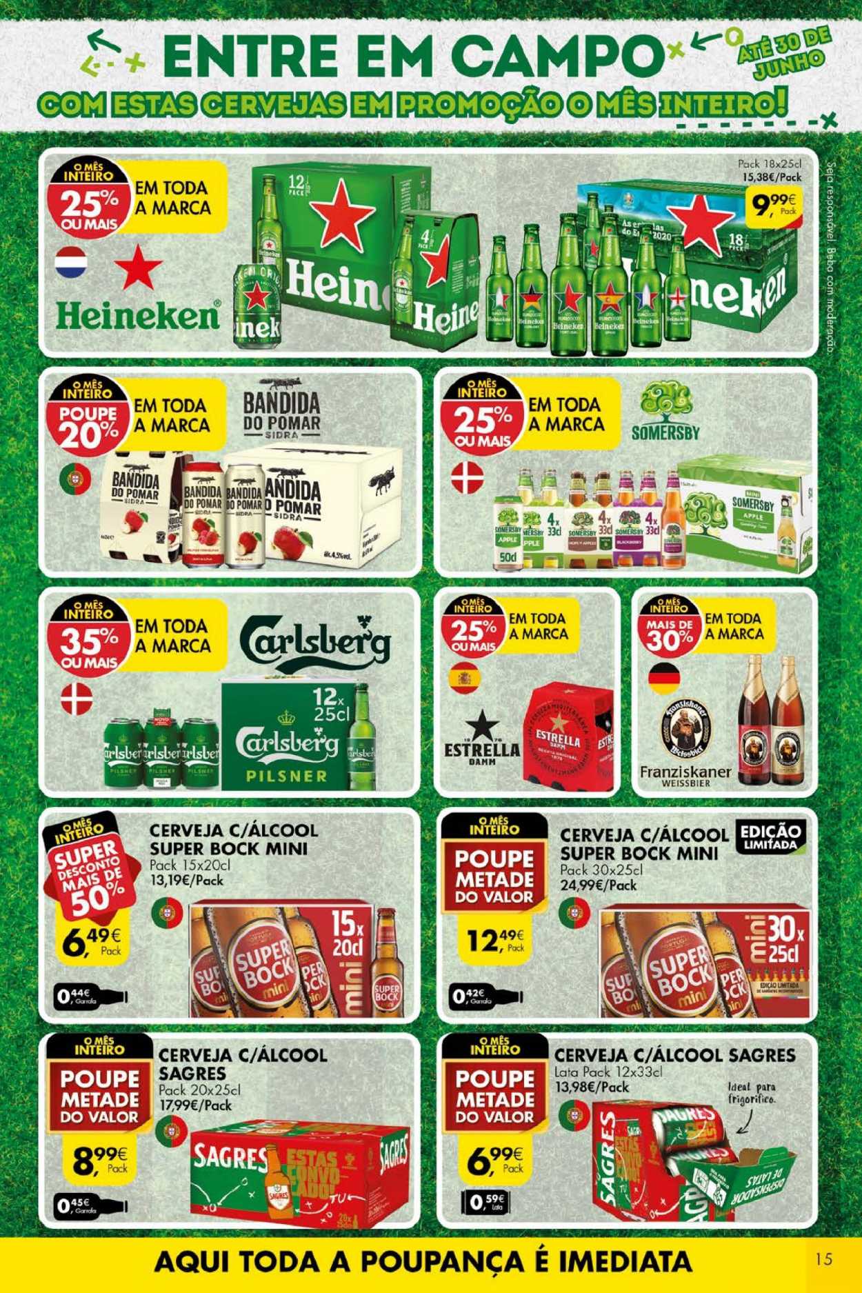 thumbnail - Folheto Pingo Doce - 15.6.2021 - 21.6.2021 - Produtos em promoção - Heineken, Weissbier, Sagres, Super Bock, sidra, Apple. Página 15.