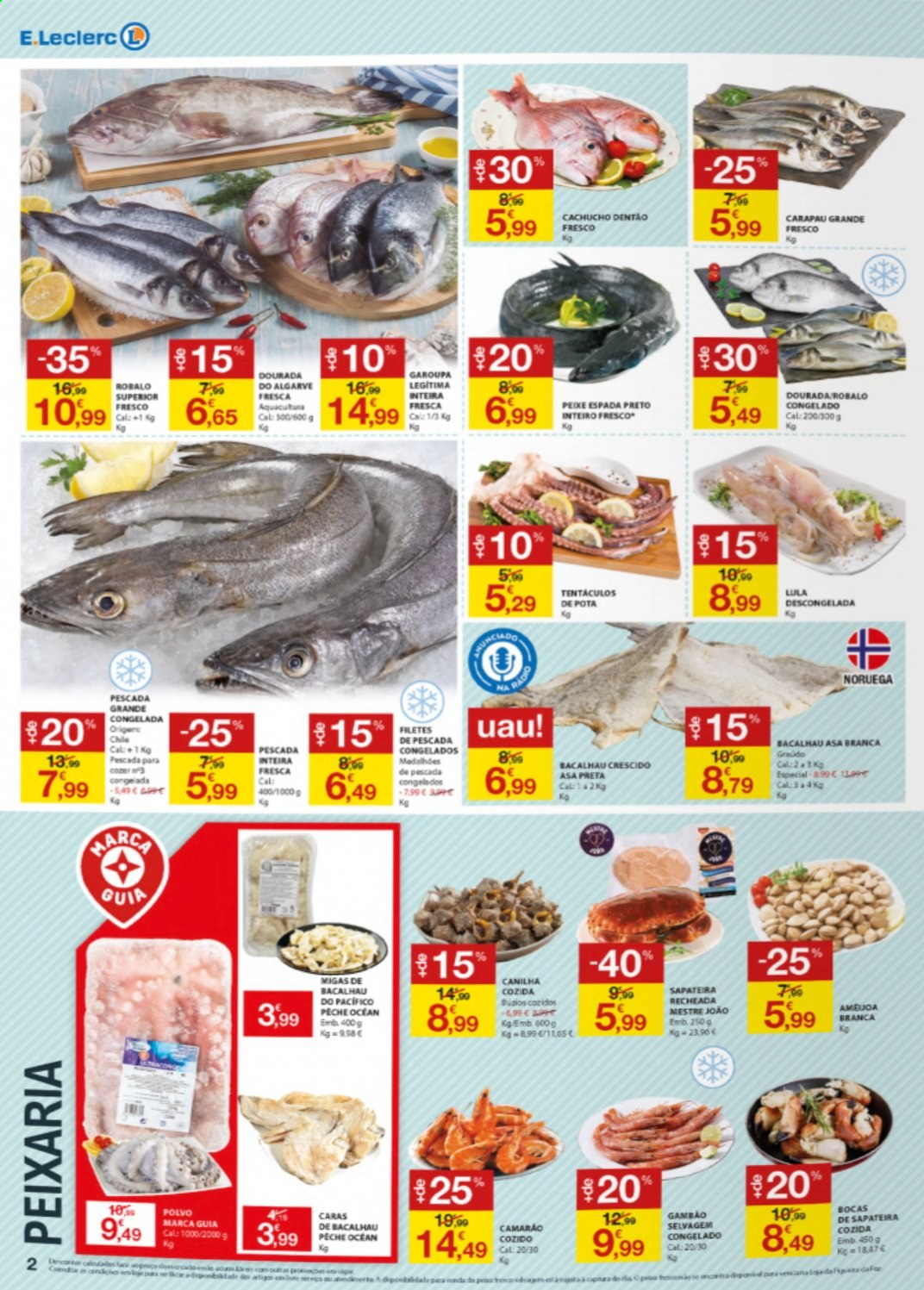 thumbnail - Folheto E.Leclerc - 17.6.2021 - 23.6.2021 - Produtos em promoção - garoupa, camarão, bacalhau, polvo, peixe espada, peixe, lula. Página 2.