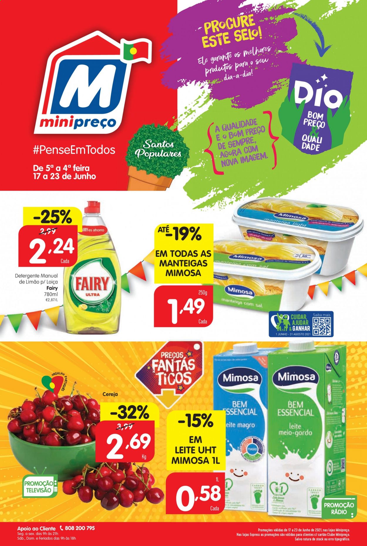 thumbnail - Folheto Minipreço - 17.6.2021 - 23.6.2021 - Produtos em promoção - cereja, Mimosa, leite, manteiga, detergente. Página 1.