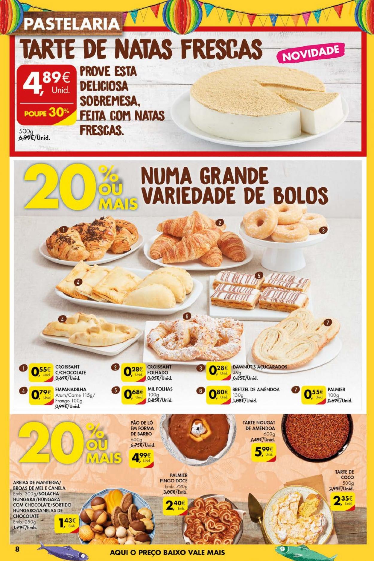 thumbnail - Folheto Pingo Doce - 22.6.2021 - 28.6.2021 - Produtos em promoção - carne, pretzels, sobremesa, croissant, pão de ló, broas, frango, atum, manteiga, bolachas. Página 8.