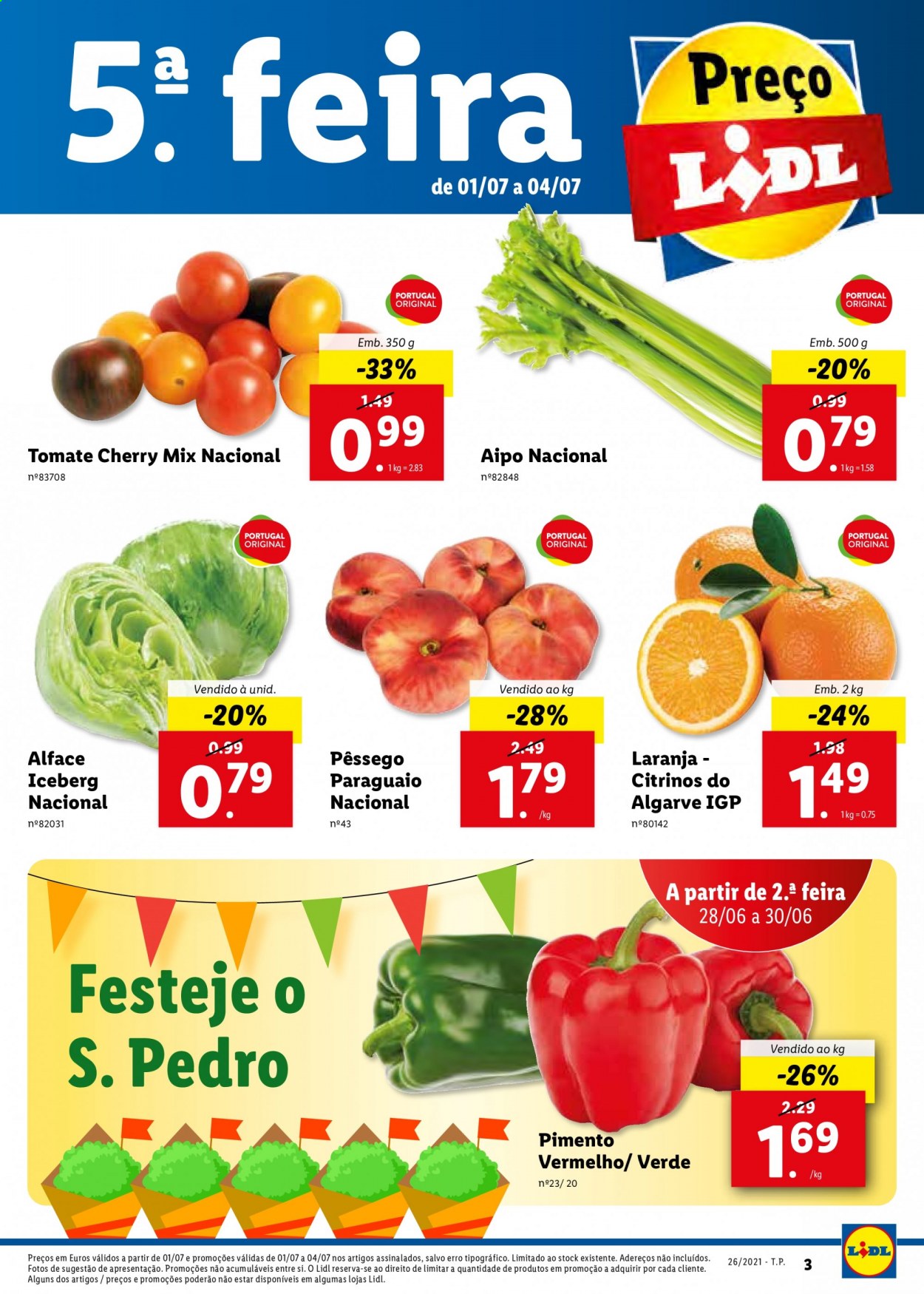 thumbnail - Folheto Lidl - 28.6.2021 - 4.7.2021 - Produtos em promoção - laranja, pêssego, tomate, minitomate, alface, aipo, tomate cherry. Página 5.