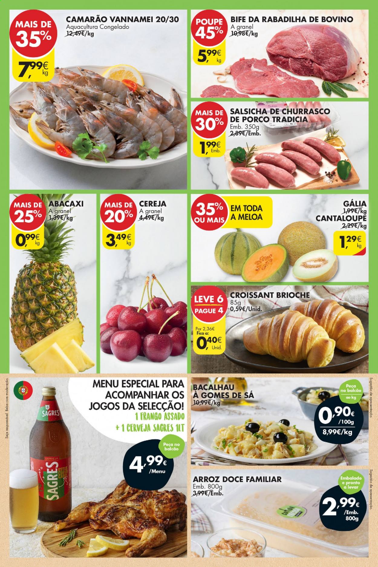 thumbnail - Folheto Pingo Doce - 25.6.2021 - 28.6.2021 - Produtos em promoção - Sagres, bife, brioche, croissant, camarão, bacalhau, salsicha, arroz. Página 2.
