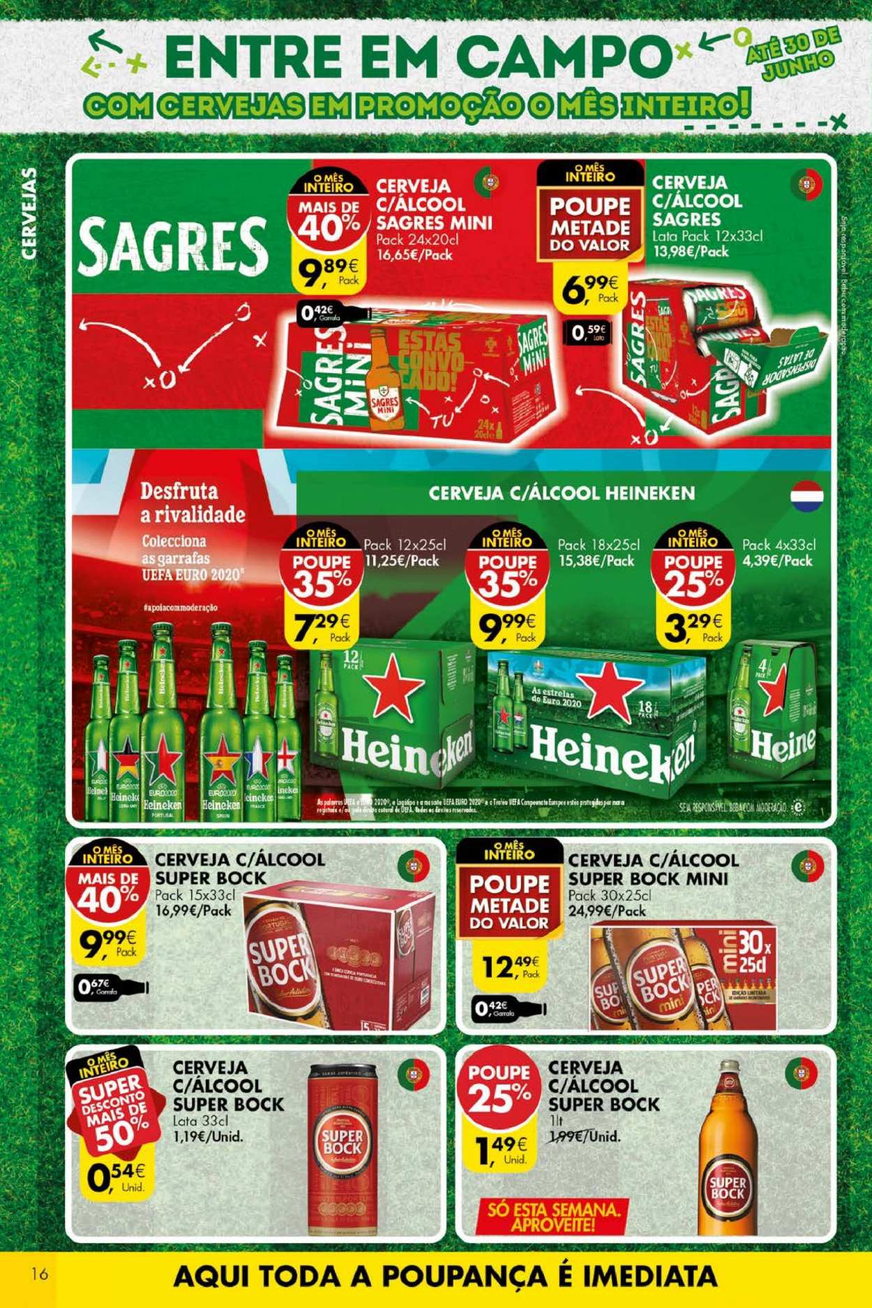 thumbnail - Folheto Pingo Doce - 29.6.2021 - 5.7.2021 - Produtos em promoção - Heineken, Sagres, Super Bock, cerveja. Página 16.