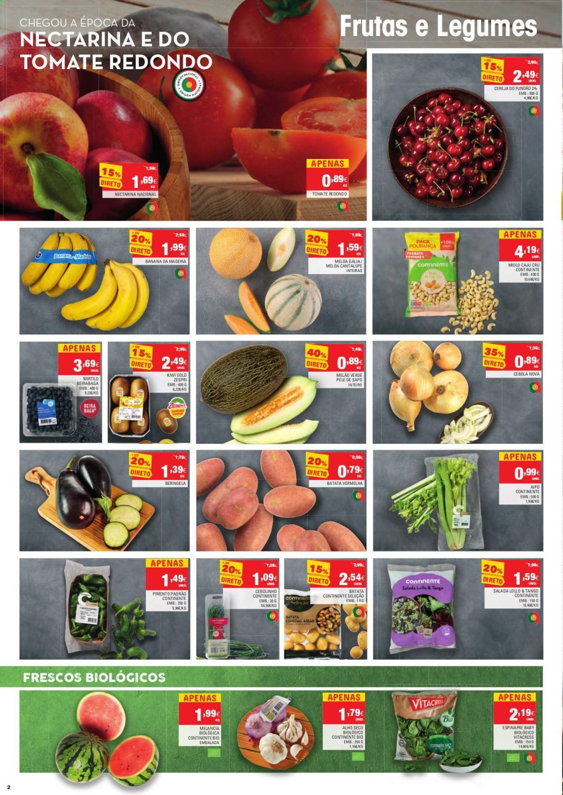 thumbnail - Folheto Continente Bom Dia - 29.6.2021 - 5.7.2021 - Produtos em promoção - banana, kiwi, melão, cereja, mirtilo, melancia, tomate, batata, salada, aipo, alho, cebola, espinafre, batata roxa, beringela. Página 2.