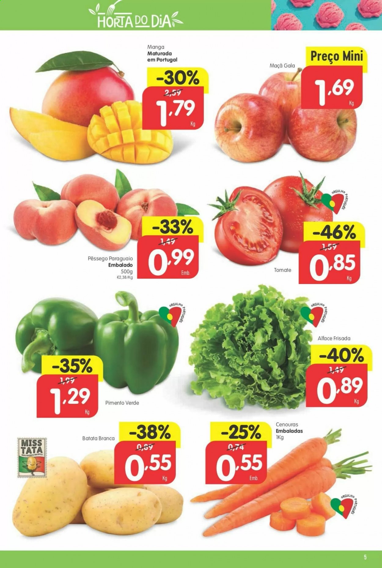 thumbnail - Folheto Minipreço - 1.7.2021 - 7.7.2021 - Produtos em promoção - maçã, pêssego, manga, tomate, batata, alface, cenoura. Página 5.