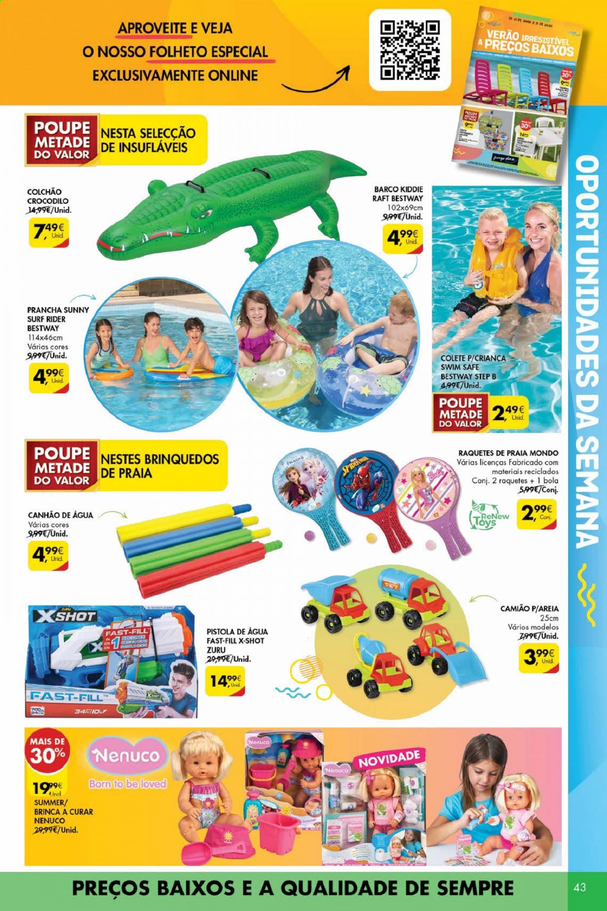thumbnail - Folheto Pingo Doce - 6.7.2021 - 12.7.2021 - Produtos em promoção - Surf, prancha de cabelo, colchão, pistola, brinquedo, Bestway, pistola de água. Página 43.