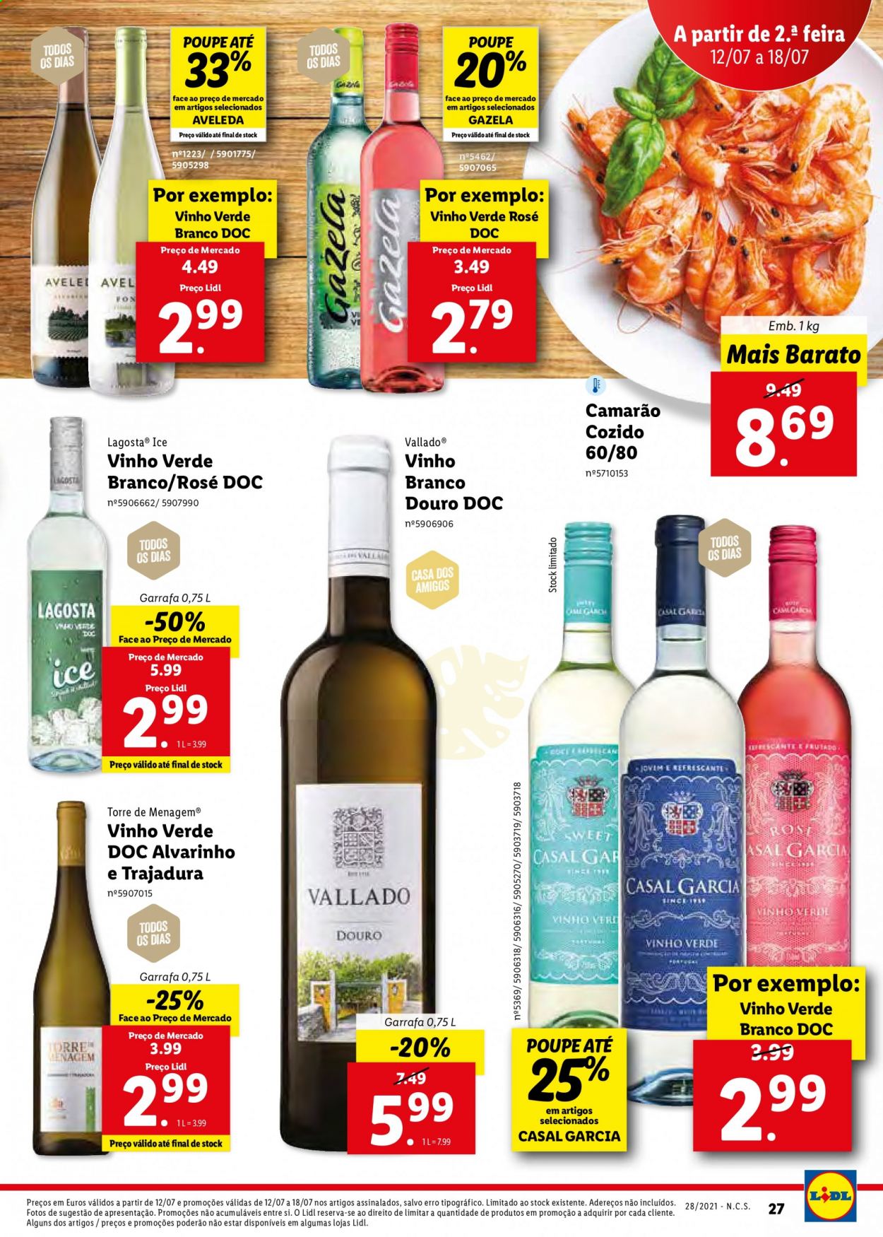 thumbnail - Folheto Lidl - 12.7.2021 - 18.7.2021 - Produtos em promoção - camarão, vinho, vinho branco, vinho verde, garrafa. Página 27.