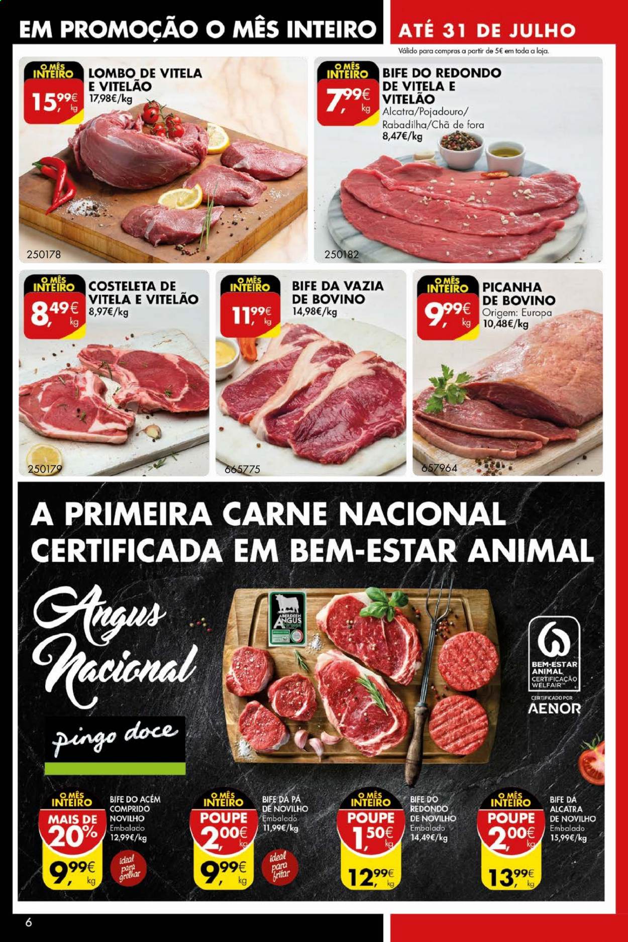 thumbnail - Folheto Pingo Doce - 13.7.2021 - 19.7.2021 - Produtos em promoção - picanha, bife, lombo, carne, alcatra, vazia de bovino, carne de novilho, Angus, chá. Página 6.