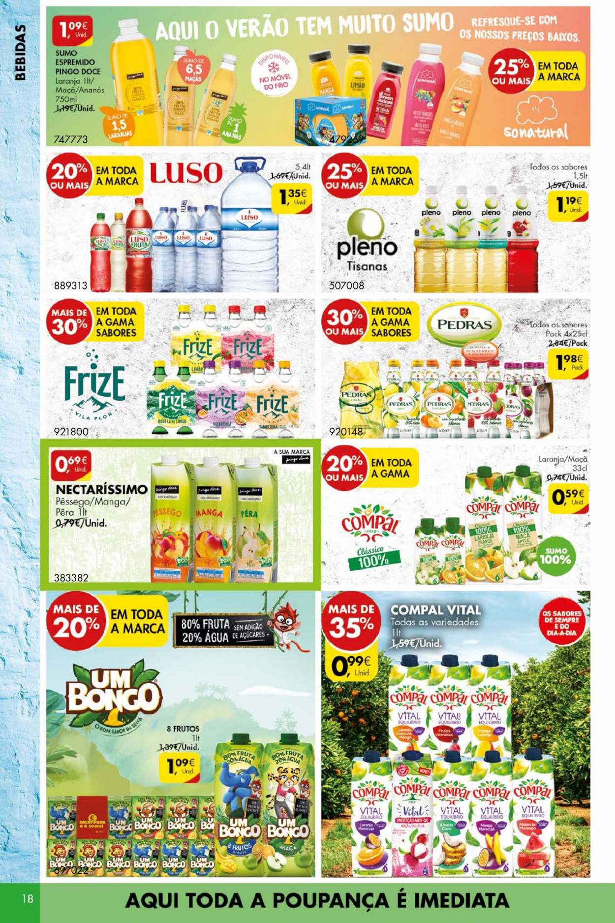 thumbnail - Folheto Pingo Doce - 13.7.2021 - 19.7.2021 - Produtos em promoção - morango, pêssego, Compal, sumo, água, Apple. Página 18.