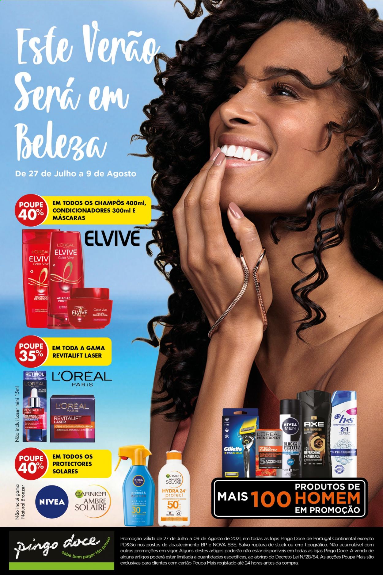 thumbnail - Folheto Pingo Doce - 27.7.2021 - 9.8.2021 - Produtos em promoção - Nivea, shampoo, L’Oréal, Ambre Solaire, máscara, Axe, Gillette, Continental. Página 1.