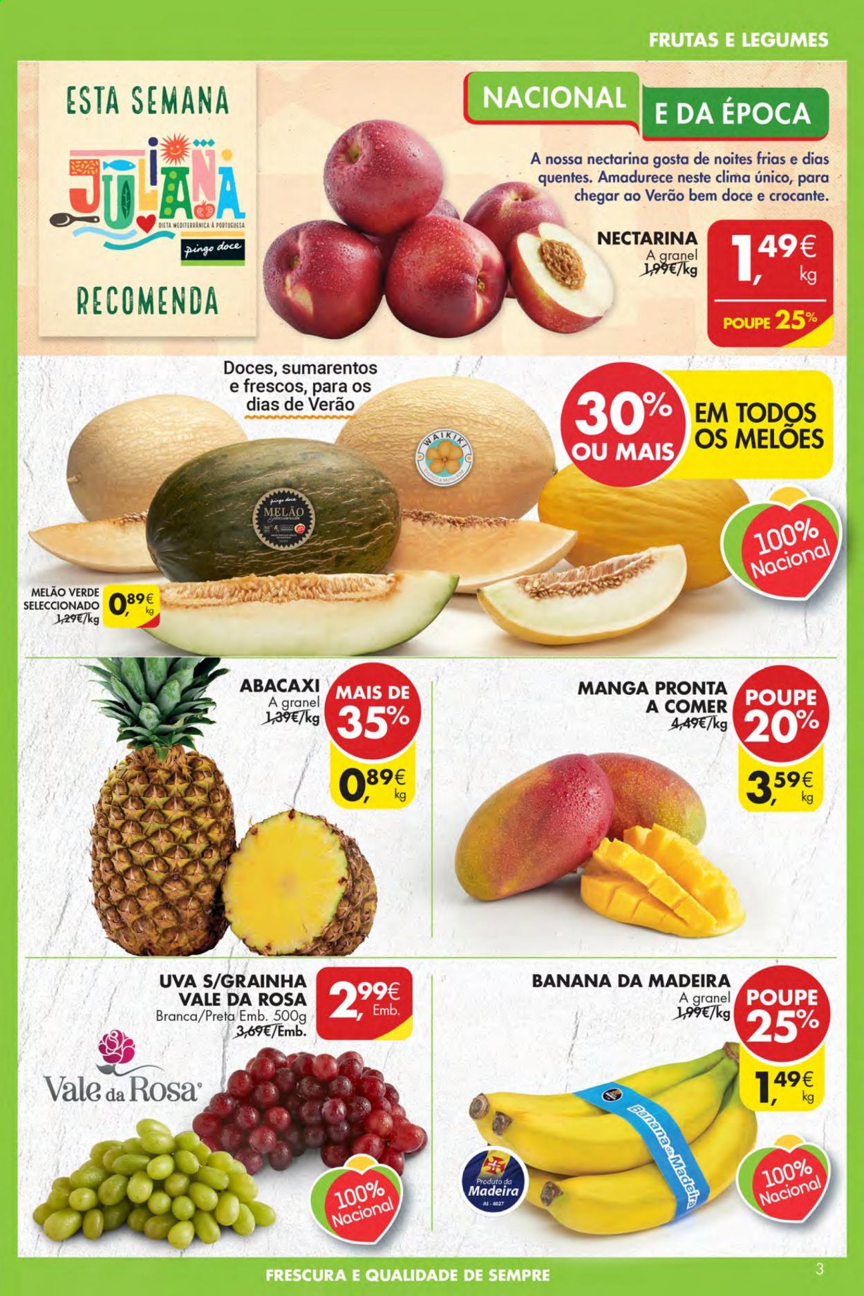 thumbnail - Folheto Pingo Doce - 27.7.2021 - 2.8.2021 - Produtos em promoção - banana, melão, uva, manga, nectarinas, melão verde. Página 3.