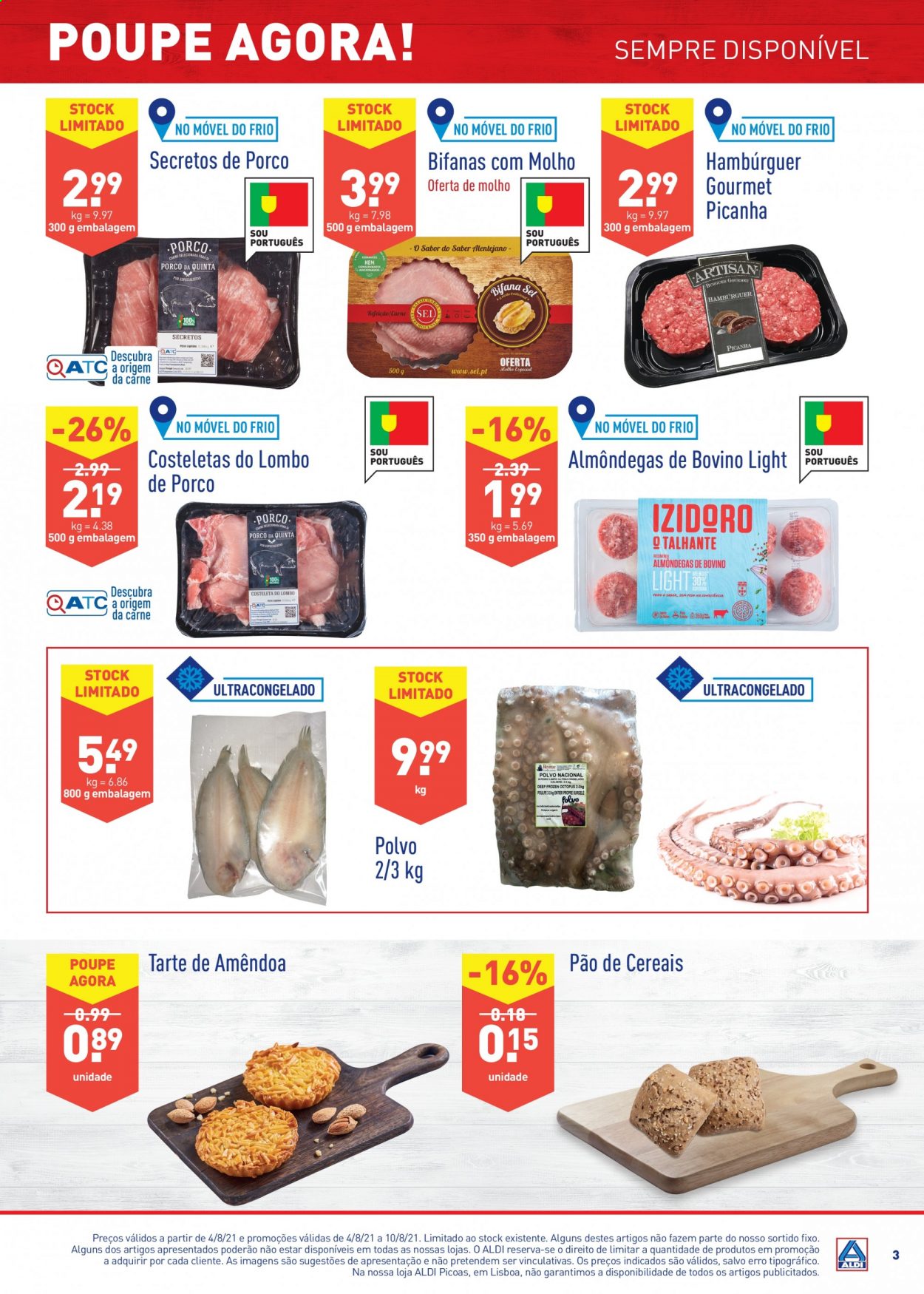 thumbnail - Folheto Aldi - 4.8.2021 - 10.8.2021 - Produtos em promoção - picanha, lombo, costeletas de porco, lombo de porco, pão, torta, hamburger, almôndegas, polvo. Página 3.