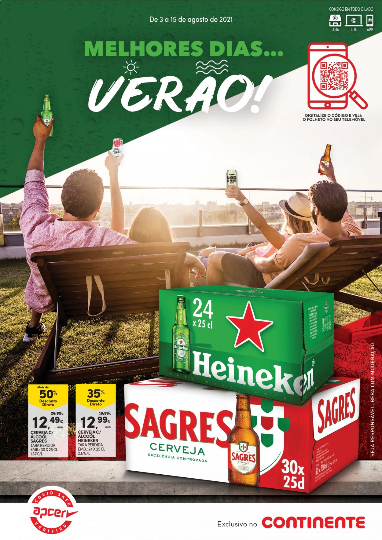 thumbnail - Folheto Continente - 3.8.2021 - 15.8.2021 - Produtos em promoção - Heineken, Sagres, cerveja. Página 1.