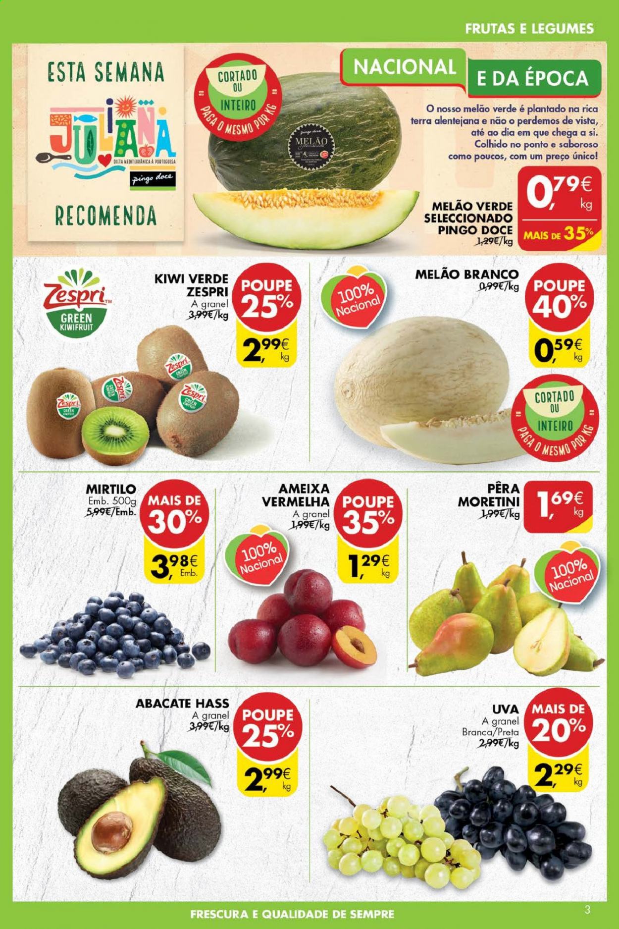 thumbnail - Folheto Pingo Doce - 3.8.2021 - 9.8.2021 - Produtos em promoção - kiwi, melão, uva, mirtilo, melão verde, melão branco. Página 3.
