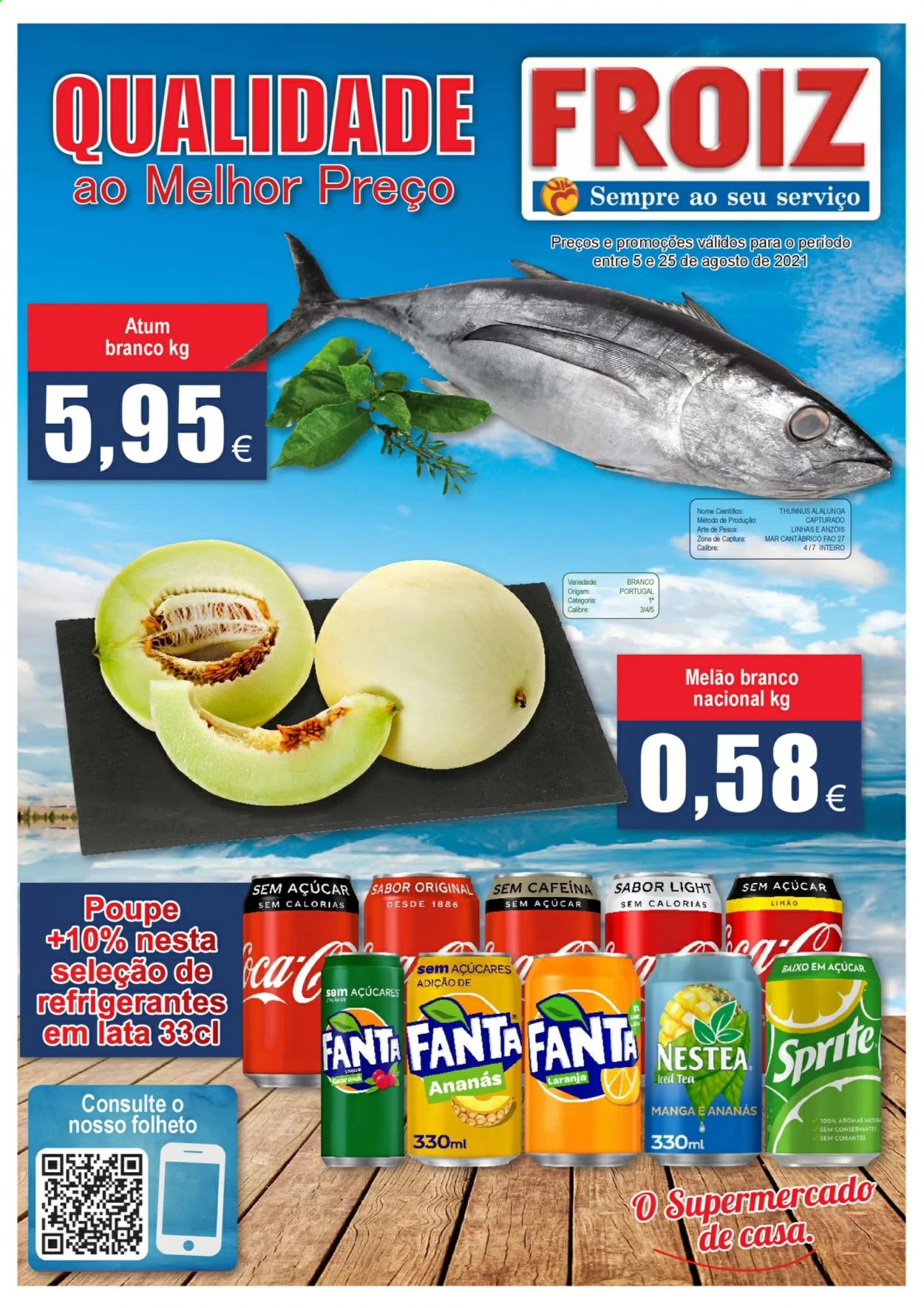 thumbnail - Folheto Froiz - 5.8.2021 - 25.8.2021 - Produtos em promoção - melão, limão, melão branco, atum, Sprite. Página 1.