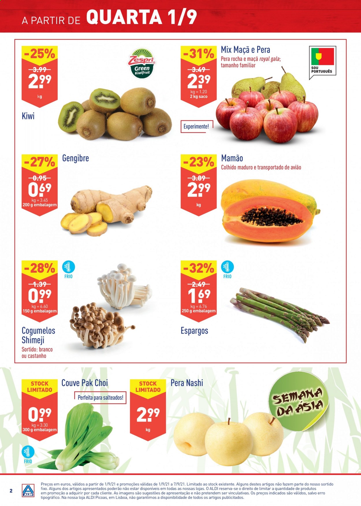 thumbnail - Folheto Aldi - 1.9.2021 - 7.9.2021 - Produtos em promoção - kiwi, papaia, mamão, aspargo, couve, gengibre, espargos, pak choi, cogumelo. Página 2.