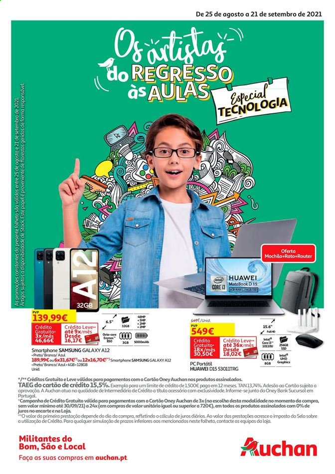 thumbnail - Folheto Auchan - 25.8.2021 - 21.9.2021 - Produtos em promoção - Samsung, mochila, Huawei, smartphone, Samsung Galaxy, mouse, PC portátil. Página 1.