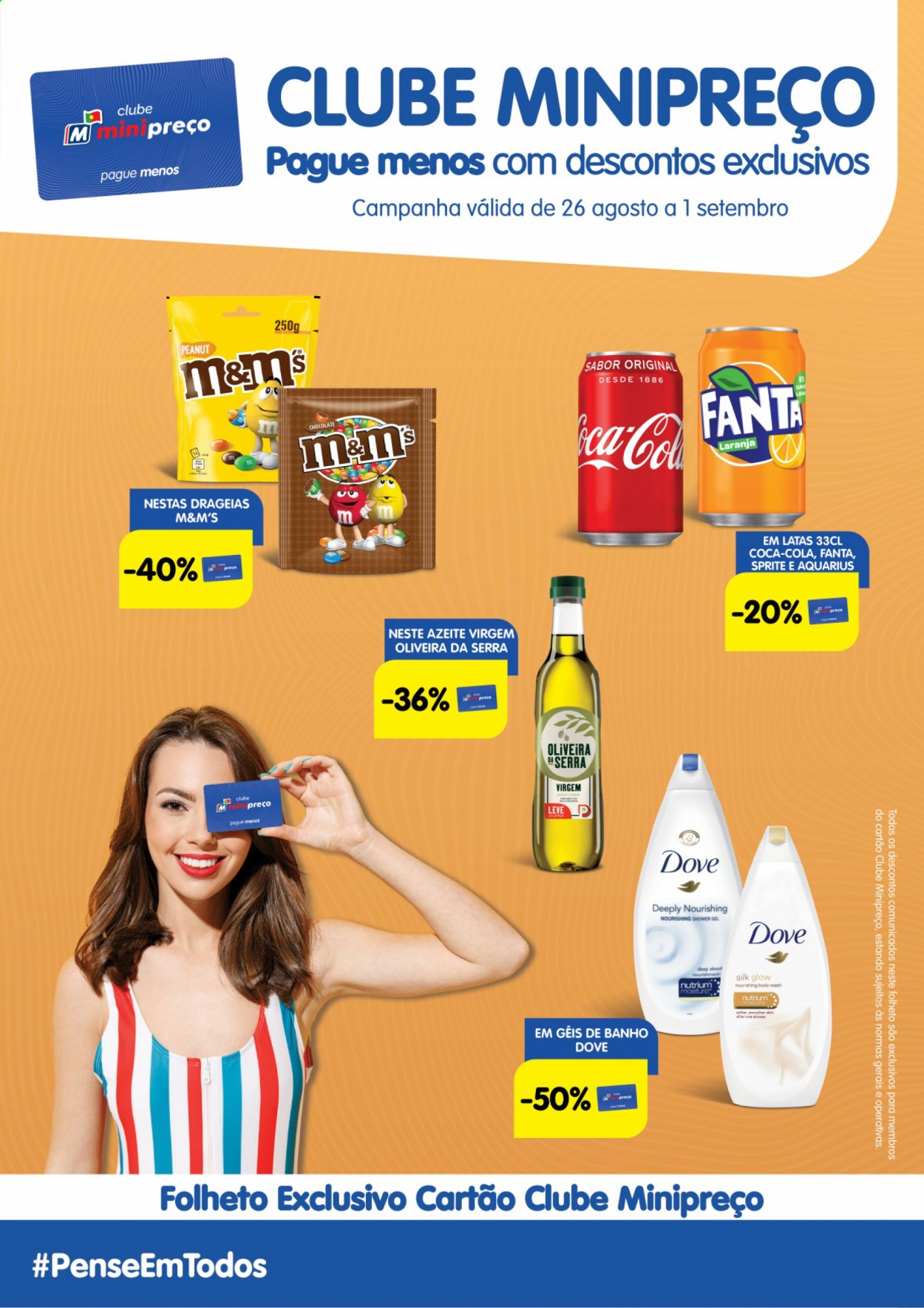 thumbnail - Folheto Minipreço - 26.8.2021 - 1.9.2021 - Produtos em promoção - chocolate, M&M's, azeite de oliva, Coca Cola, Fanta, Sprite, Dove, gel de banho. Página 1.