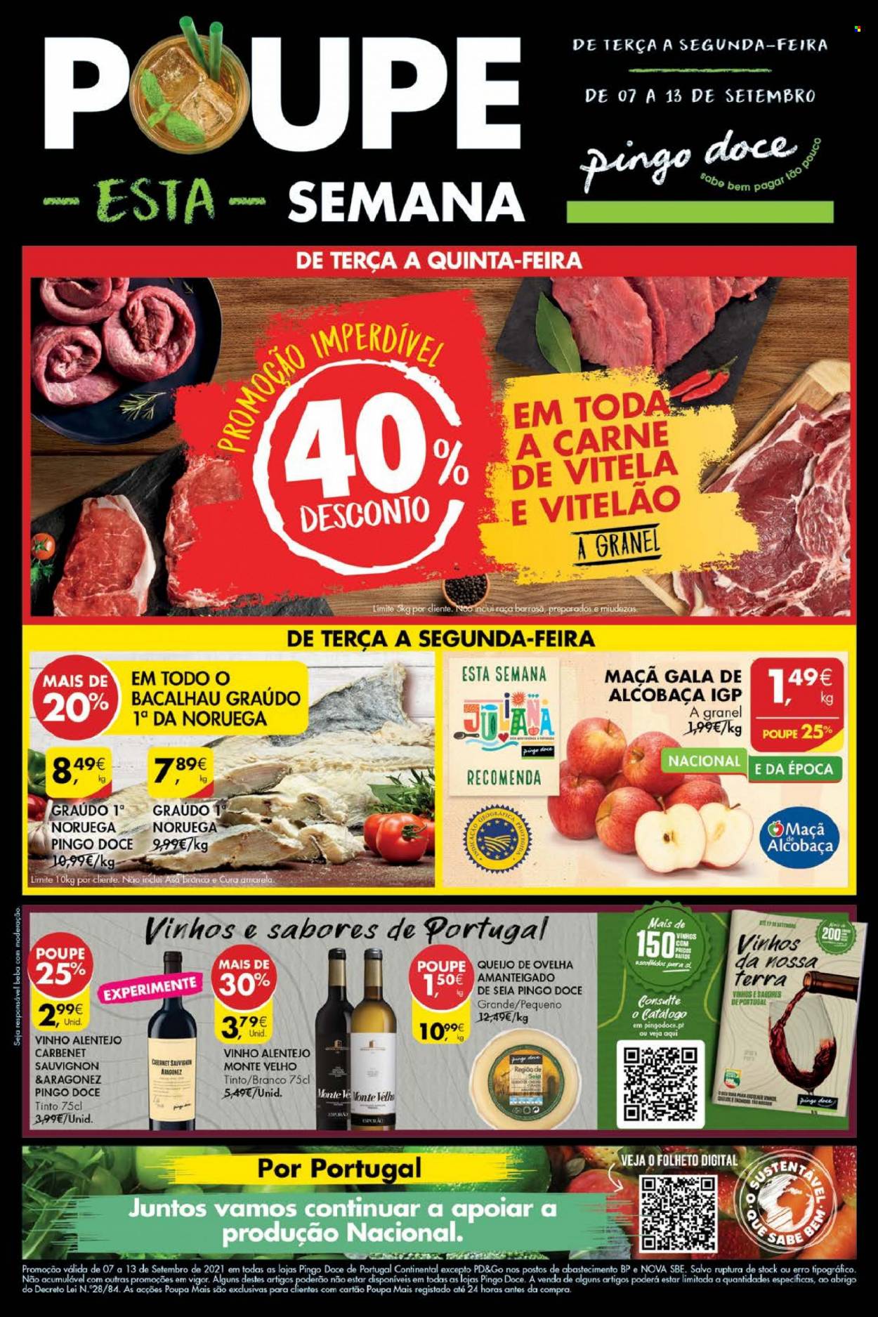 thumbnail - Folheto Pingo Doce - 7.9.2021 - 13.9.2021 - Produtos em promoção - bacalhau, queijo de ovelha, vinho, Continental. Página 1.
