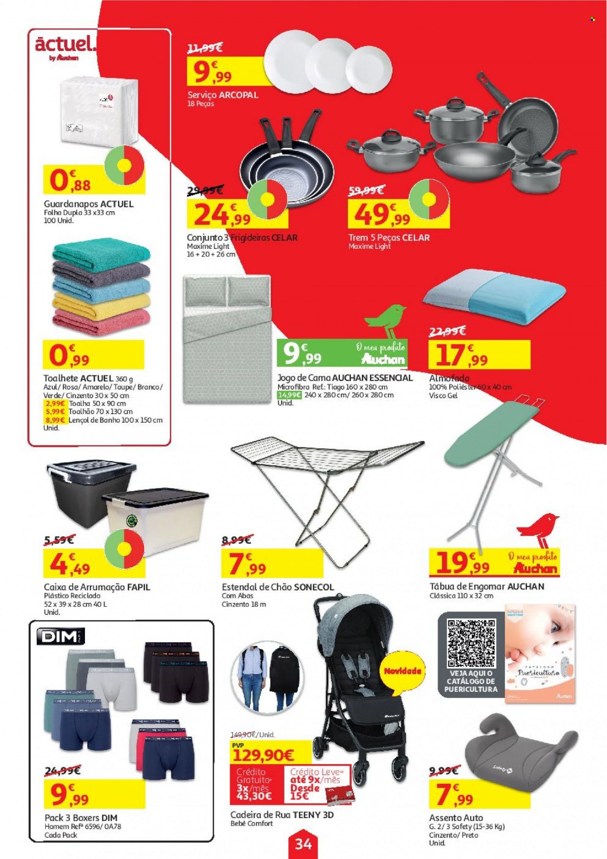thumbnail - Folheto Auchan - 8.9.2021 - 21.9.2021 - Produtos em promoção - guardanapo, frigideira, tábua, almofada, jogo de cama, lençol, toalha, cadeira, boxer. Página 34.