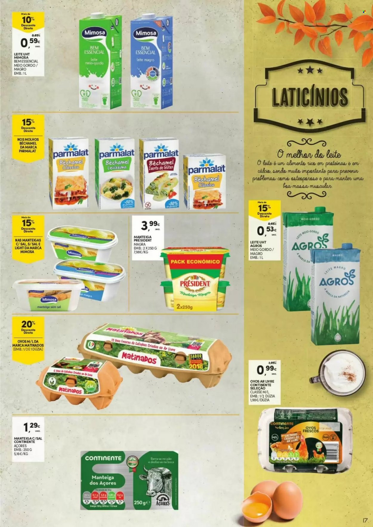 thumbnail - Folheto Continente - 14.9.2021 - 3.10.2021 - Produtos em promoção - pão, Président, Parmalat, Mimosa, manteiga, molho. Página 17.