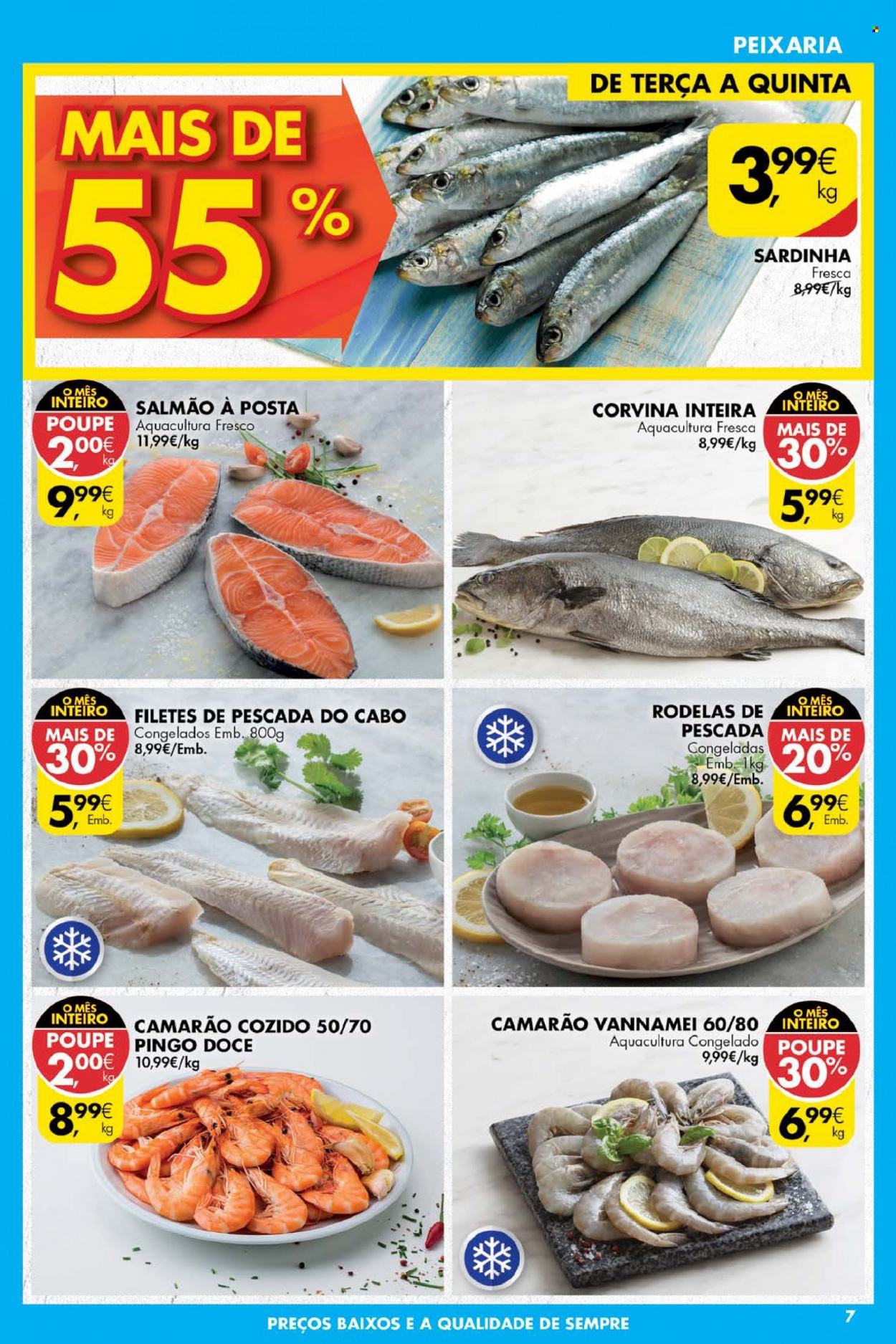 thumbnail - Folheto Pingo Doce - 14.9.2021 - 20.9.2021 - Produtos em promoção - salmão, camarão, corvina, sardinha inteira. Página 7.