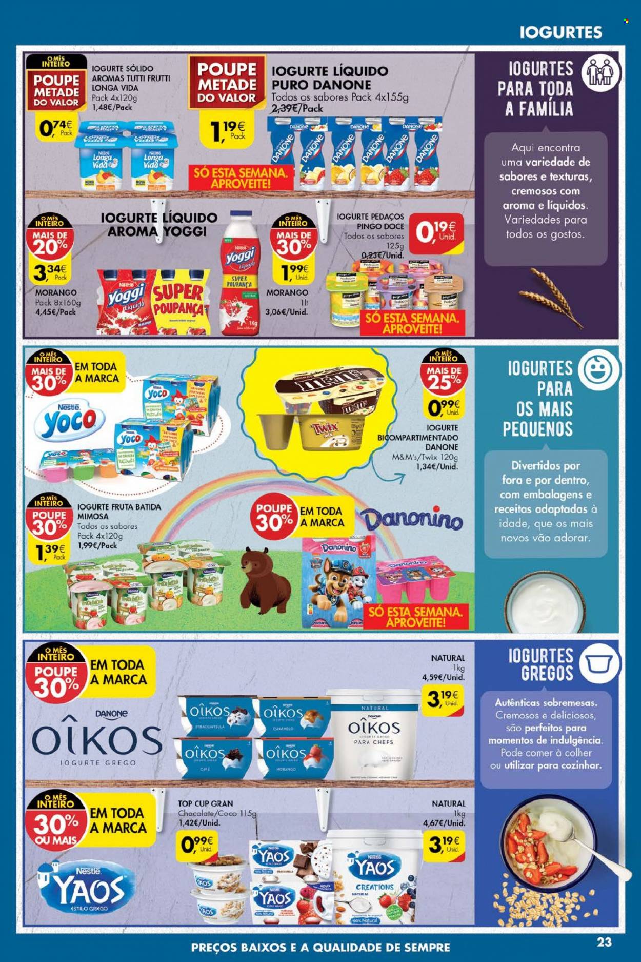 thumbnail - Folheto Pingo Doce - 14.9.2021 - 20.9.2021 - Produtos em promoção - Danone, iogurte líquido, Mimosa, Oikos, Twix, Nestlé, M&M's, coco, café, colher. Página 23.