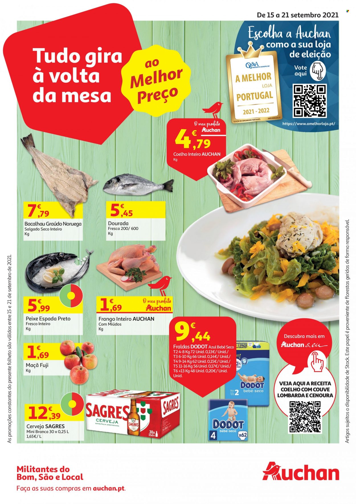thumbnail - Folheto Auchan - 15.9.2021 - 21.9.2021 - Produtos em promoção - Sagres, cerveja, maçã, couve, frango, frango inteiro, coelho, bacalhau, peixe espada, peixe, fraldas, Dodot. Página 1.