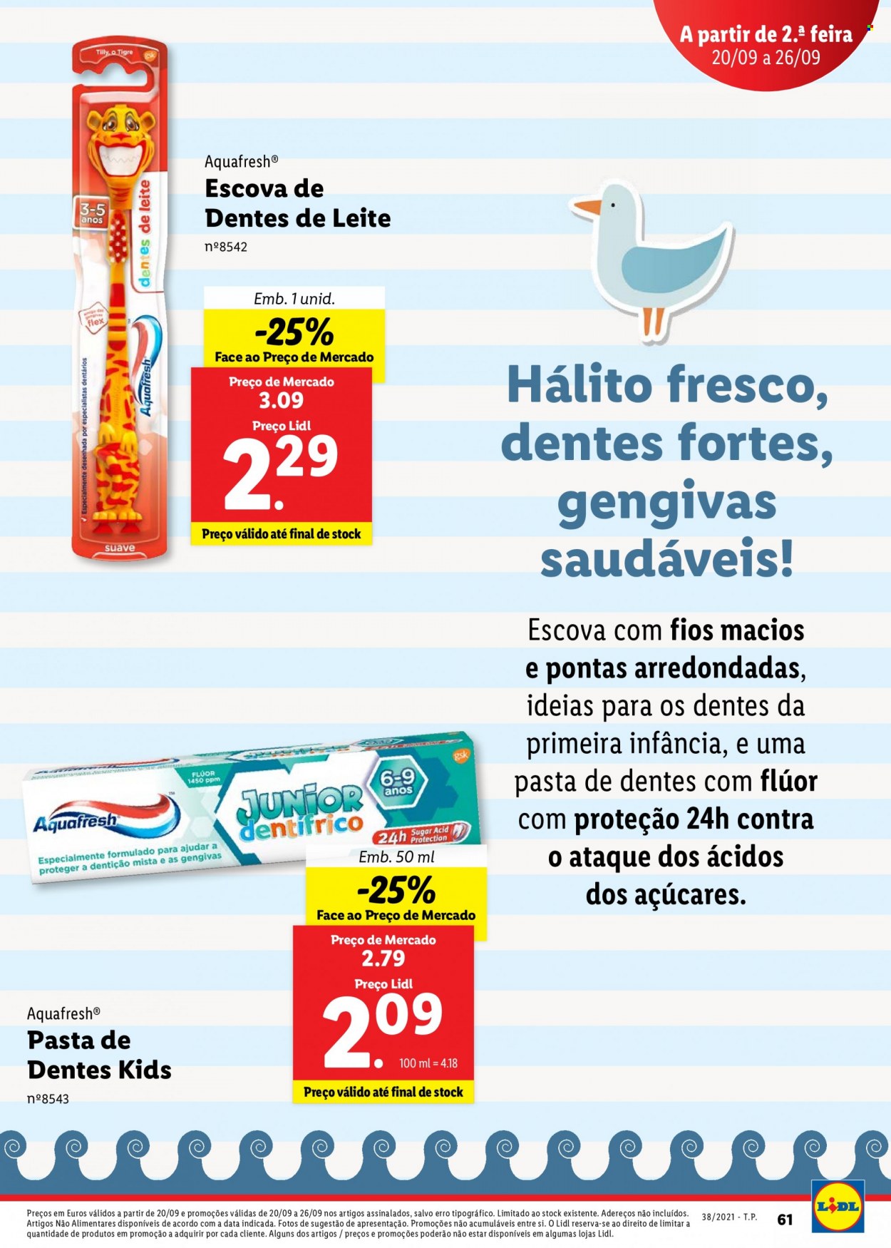 thumbnail - Folheto Lidl - 20.9.2021 - 26.9.2021 - Produtos em promoção - escova, escova dental, pasta dentífrica, Aquafresh. Página 61.
